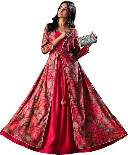madhuram textiles Women's Vatican Print Ethnic Dress with Jacket Style Gown(M-2550 Pink and Yellow)
