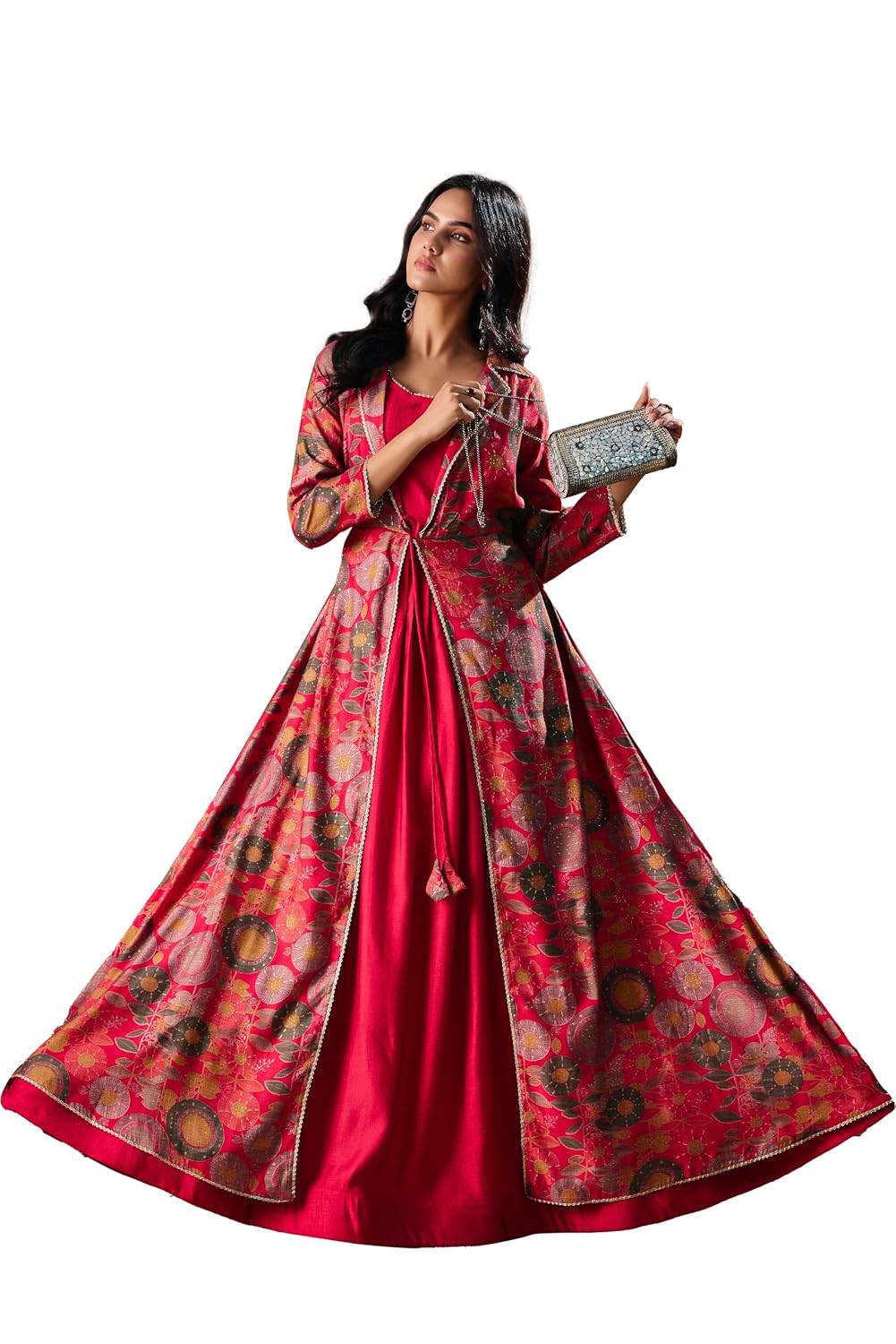 madhuram textiles Women's Vatican Print Ethnic Dress with Jacket Style Gown(M-2550 Pink and Yellow)