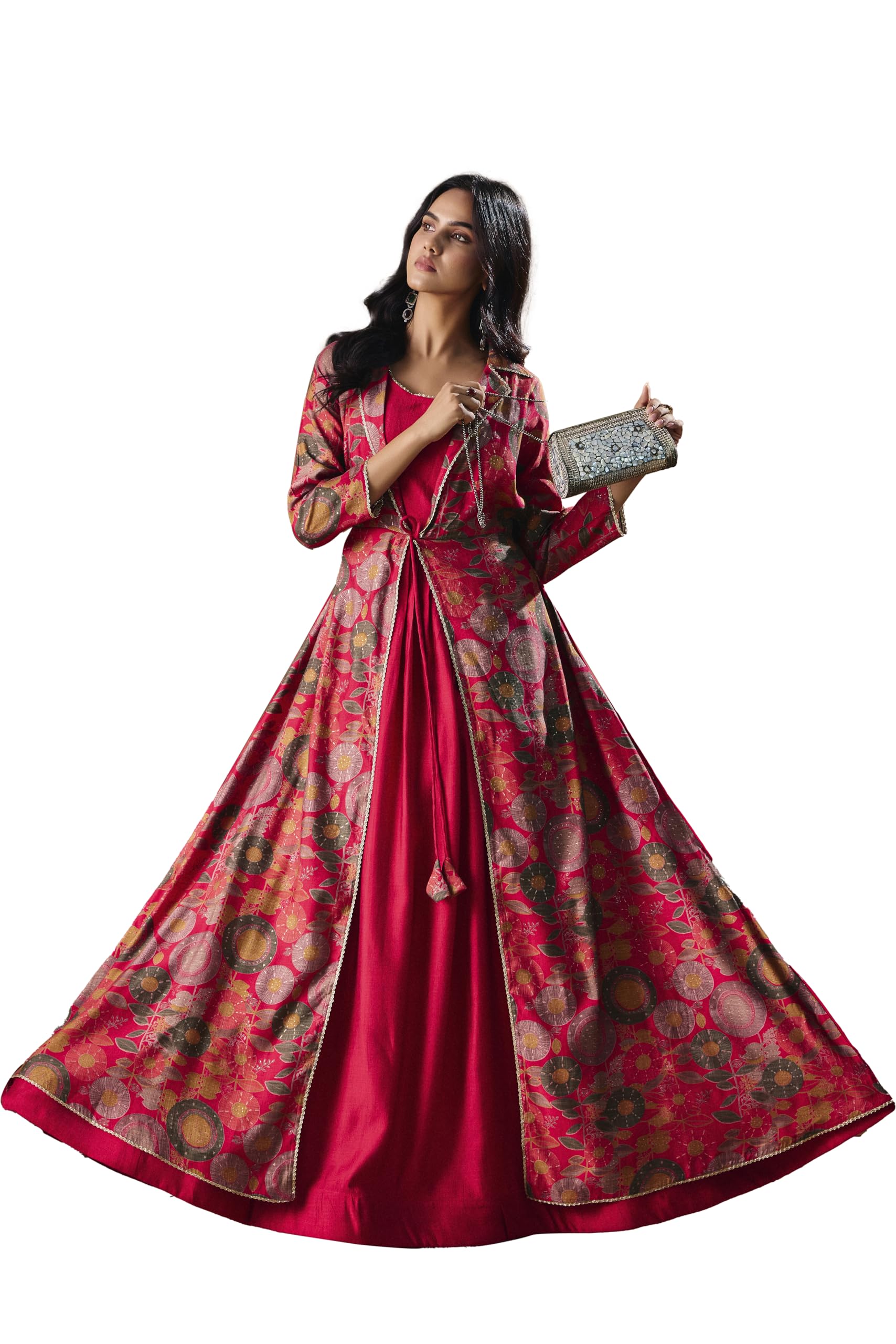 Women's Vatican Print Ethnic Dress with Jacket Style Gown(M-2550 Pink and Yellow)-image-12