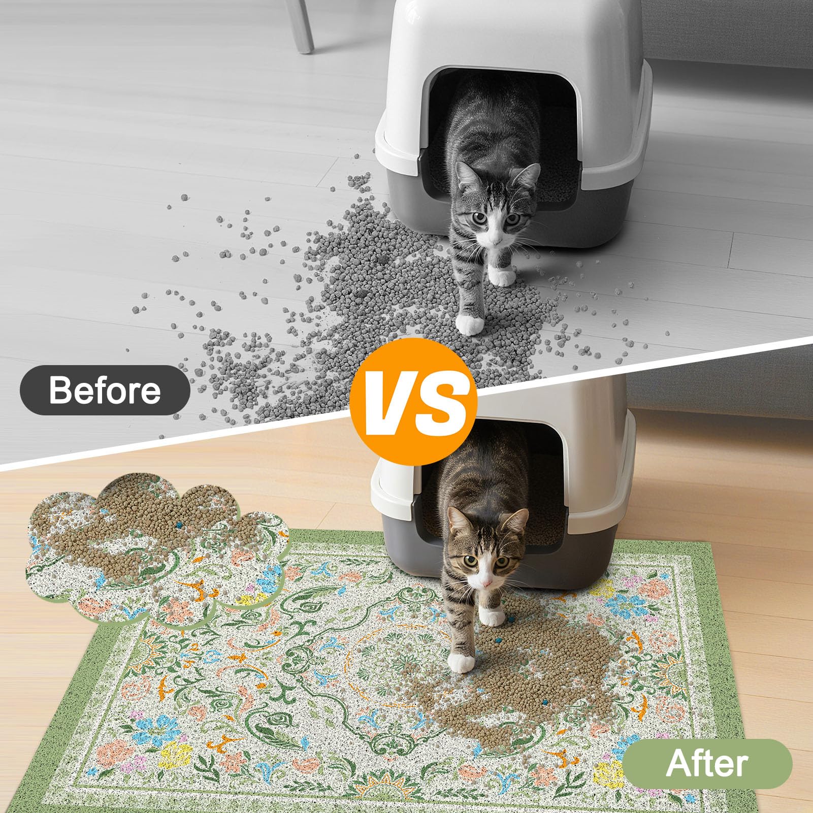 Glittme Cat Litter Mat with Non-Slip Bottom Litter Box Mat 33"X22" Litter Trapping Mat Easy to Clean Washable Cat Food Mat for Kitty,L - image 3