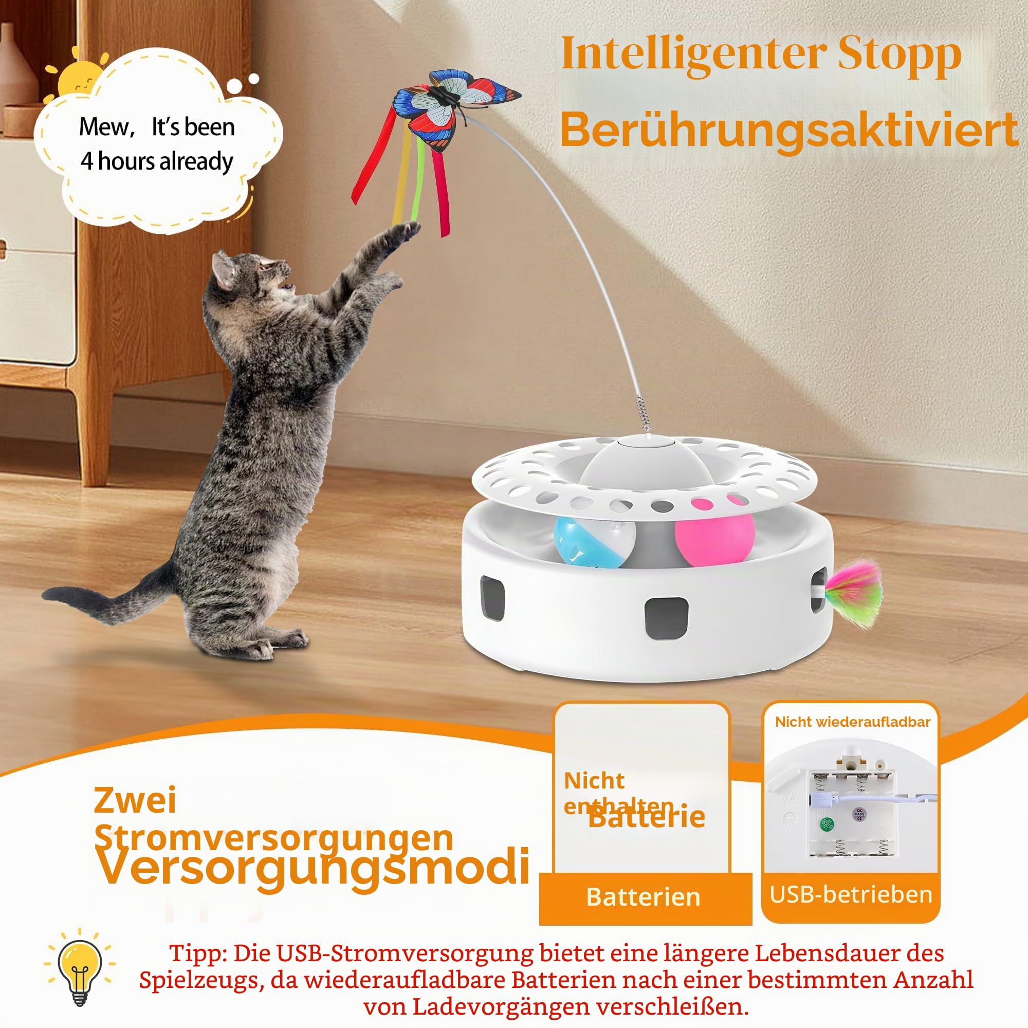 Soarer Katzenspielzeug 3 in 1 automatisches interaktives Katzenspielzeug, Fliegender Schmetterling, Fliegende Feder, mit 4 austauschbaren Zubehör, Touch Rolling Ball, Dual Power Mode