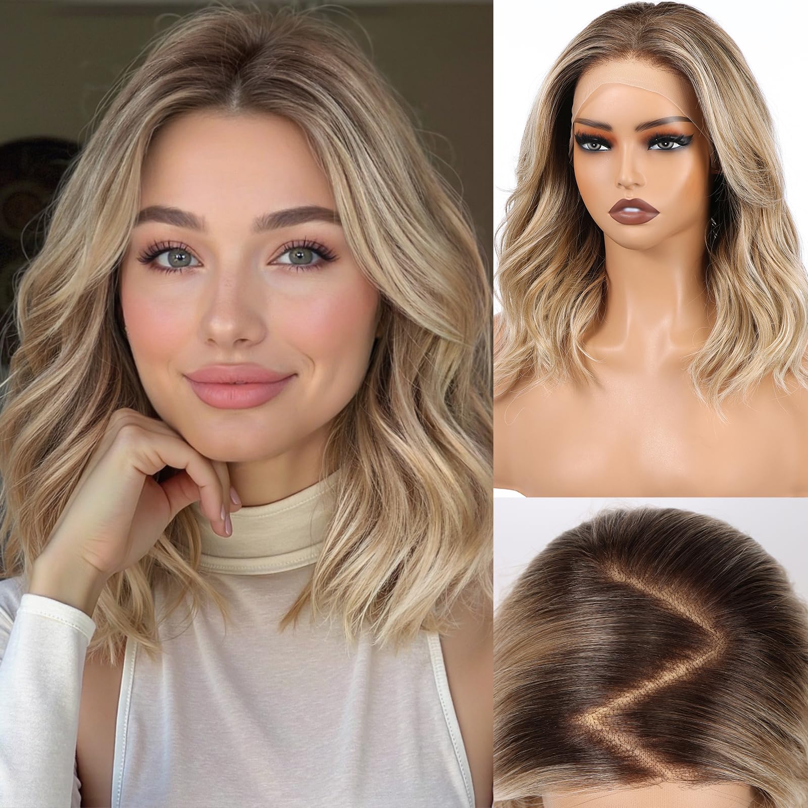 HAIRCUBE 13x6 HD Lace Front Wig for Women, 16-Inch Heat Resistant Synthetic Wavy Hair, Shoulder Length Glueless Lace Wigs for Daily, Party&Date (Ombre Ash Blond