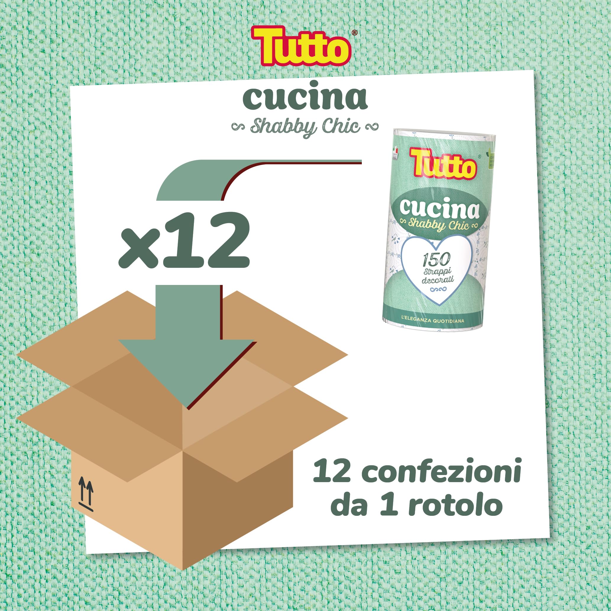 Tutto Shabby Chic, 150 Strappi 2 Veli per Rotolo, 12 Rotoli di Carta Multiuso Elegante e Resistente, Ideale per la Pulizia della Cucina e per Ogni Superficie, 100% Made in Italy