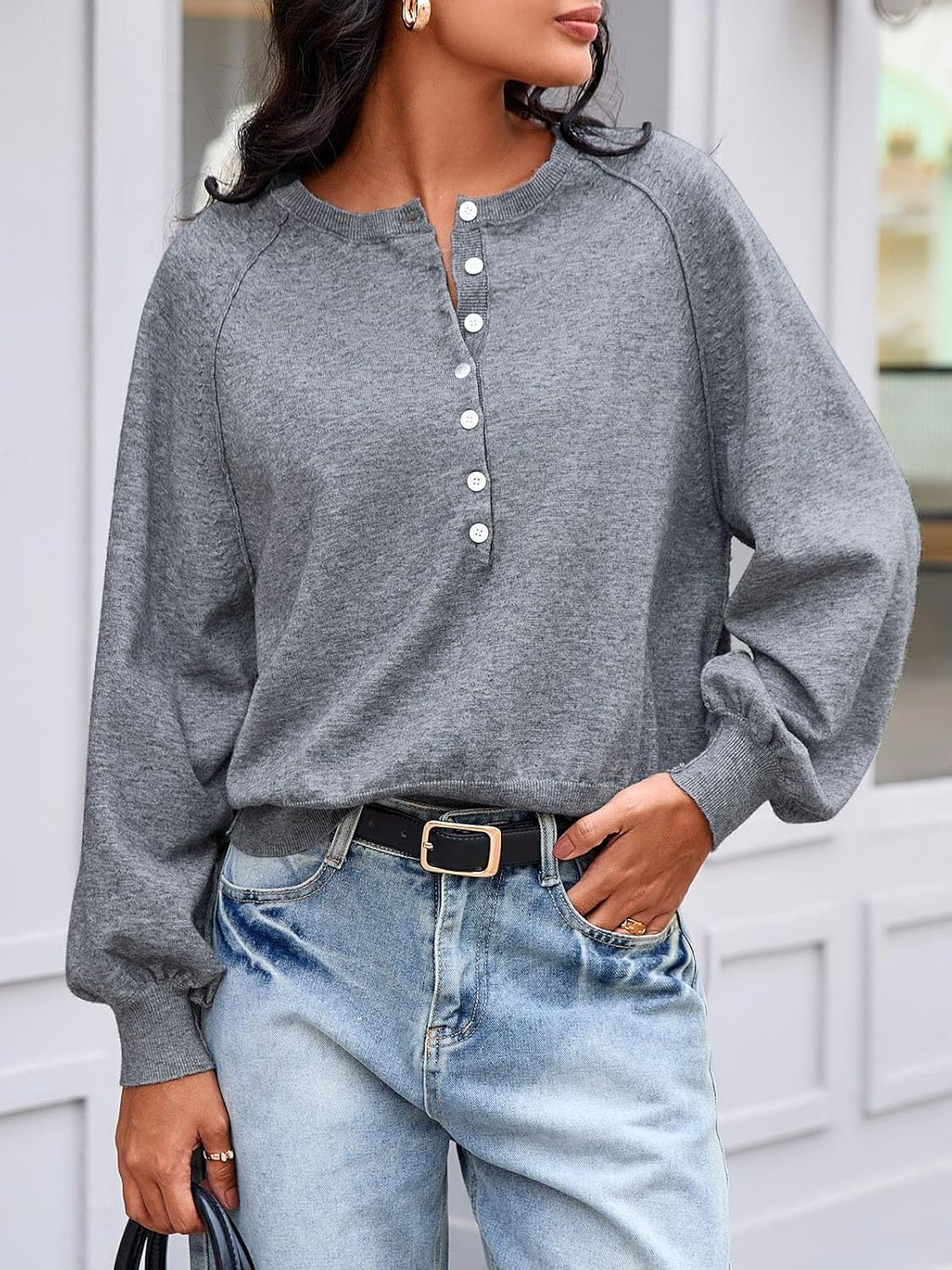 Henley Pullover Sweaters for Women Spring Button Long Sleeve Dressy Casual Loose Cozy Knit Tops Trendy Outfits - Image 4