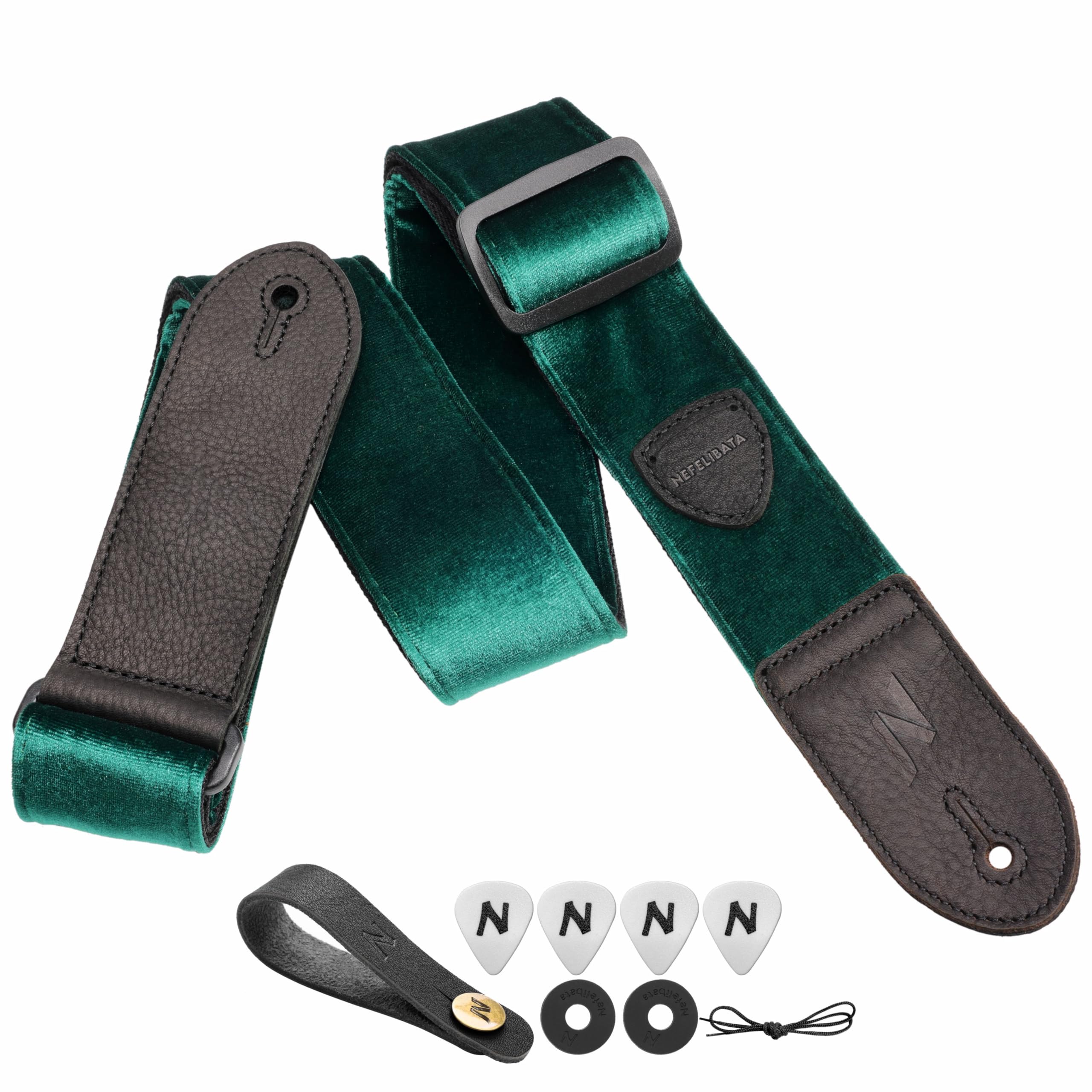 Nefelibata Guitar Strap,Double Full-Grain Leather Ends,Vintage Velvet Strap/FREE BONUS-4 Picks+Locks+Strap Button,Gift For Bass,Electric&Acoustic Guitars(Vintage Christmas Green)