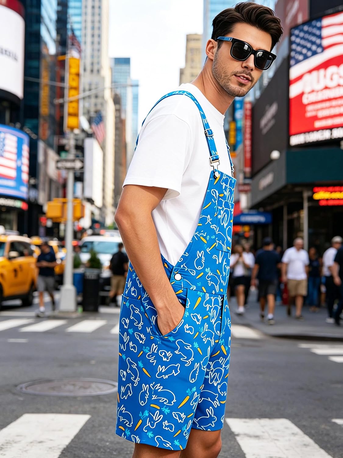 Unisex Printed Bib Overalls Short Jumpsuit Adjustable Breathable with Pockets Festival Outfit Summer Romper Men Women
