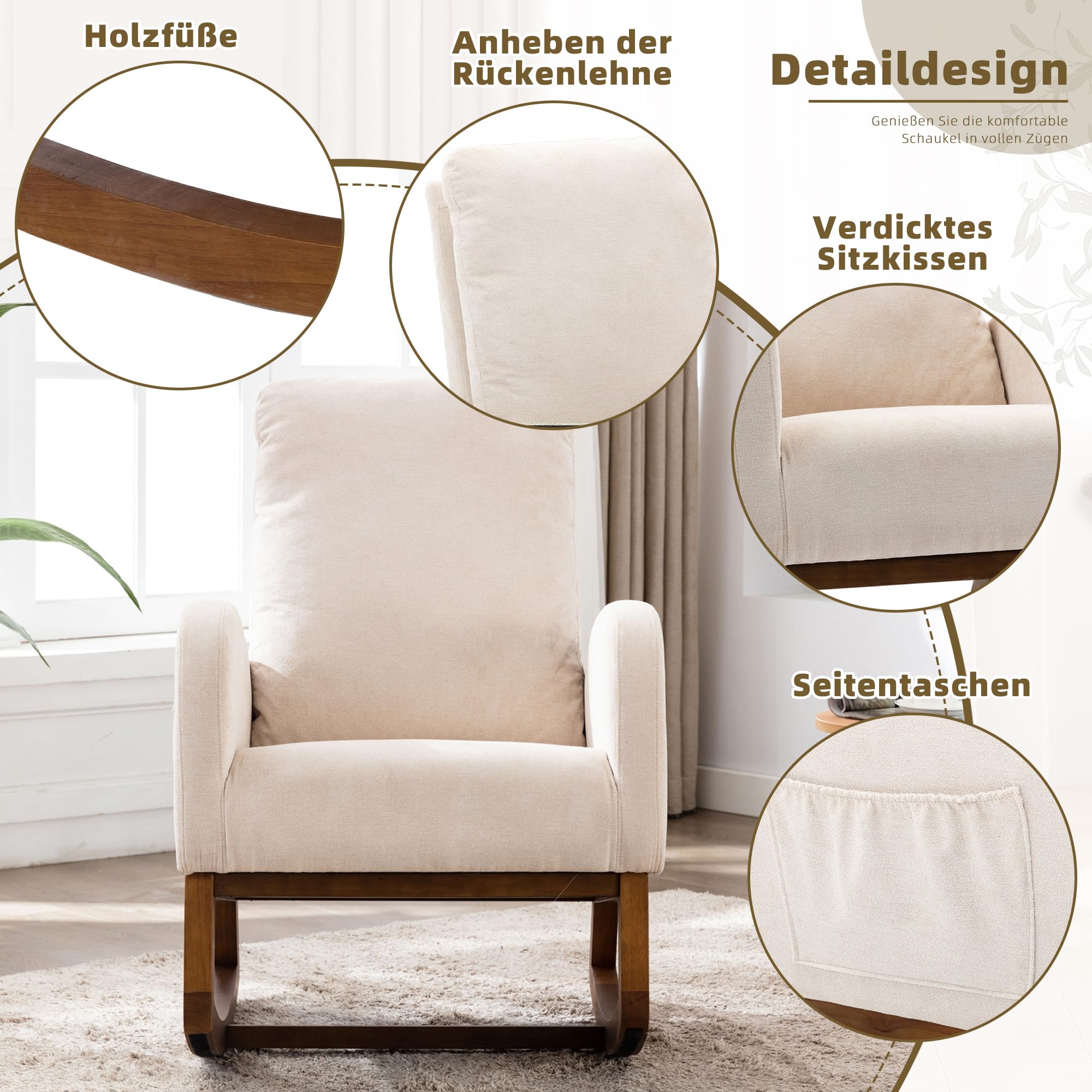 Silla mecedora acolchada para habitación infantil Glider Rocker para bebés y niños, sillón Comfy con bolsillo lateral, sillón de salón con respaldo alto (beige), yaoyi-01