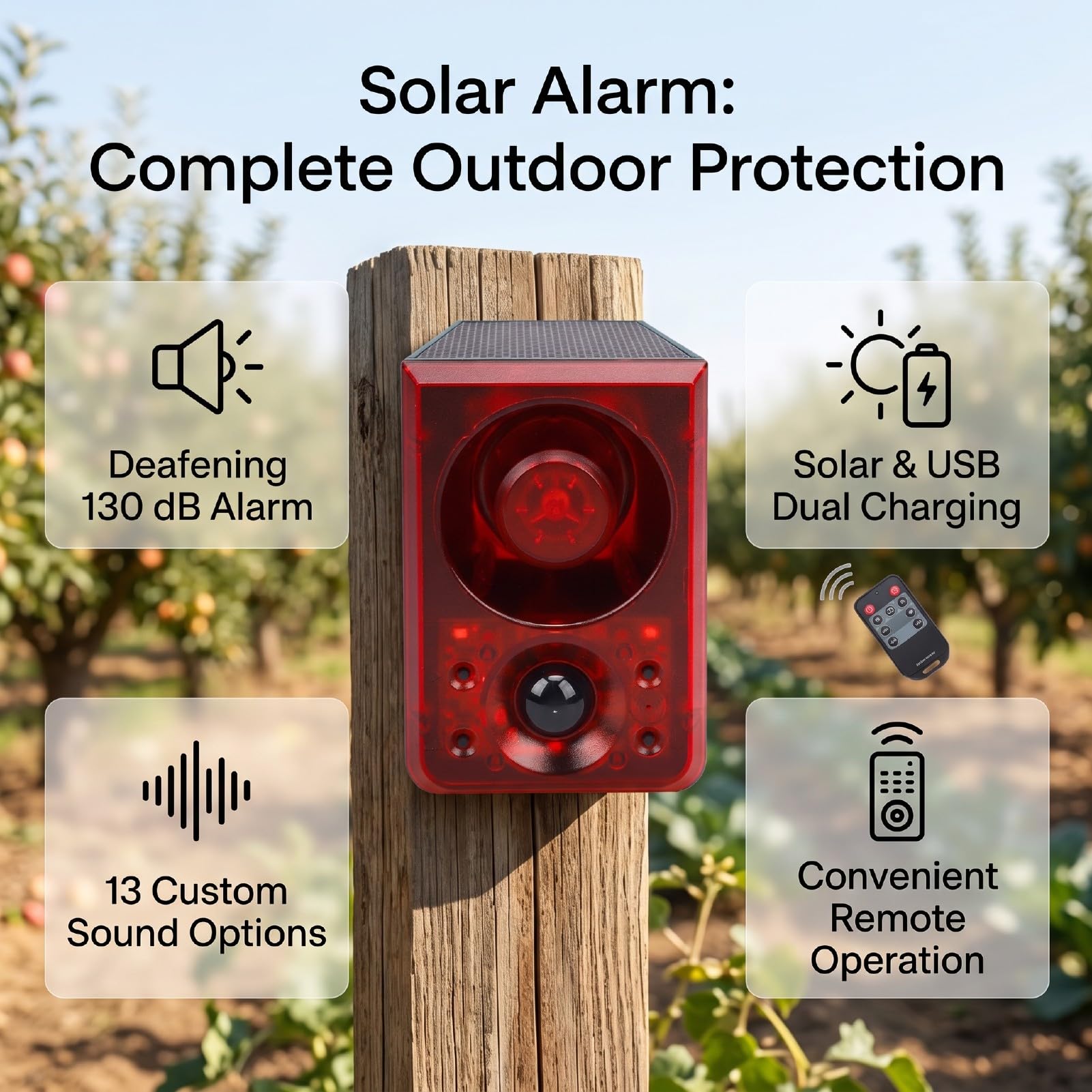 Allarme Solare con Sensore di Movimento, Sirena 130dB, | Custodia in ABS, Sicurezza per Frutteti, 13 Effetti Sonori, Registrazione Vocale, Ricarica USB, Deterrente per animali.