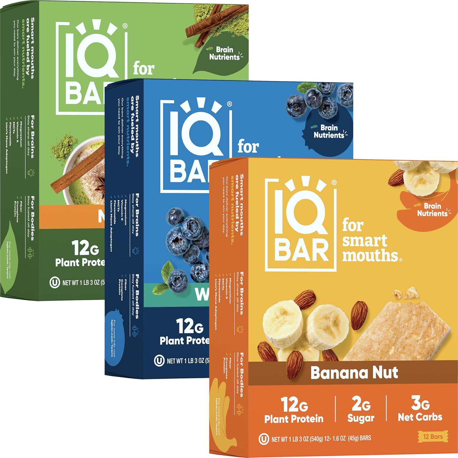 IQBAR Clean Plant Protein Bars - Banana Nut, Matcha Chai, Wild Blueberry 12 Count Bundle - Keto, Vegan, High Fiber, Gluten and Dairy Free, Low Sugar Snack - Brain and Body Nutrients for Focus, Energy