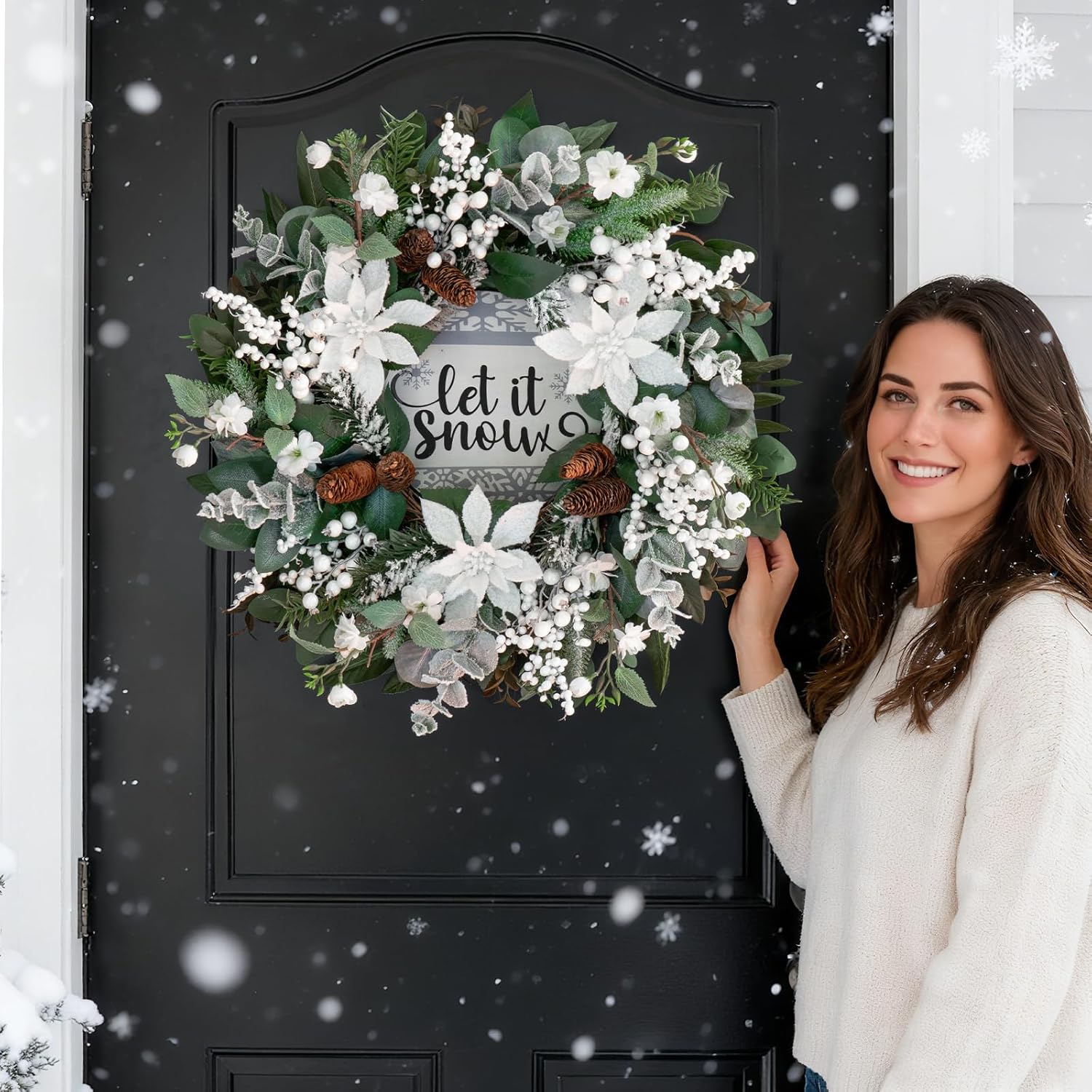 24 Inch Winter Wreaths for Front Door Outside, Outdoor Winter Wreath with Christmas Flowers and Pinecones, Artificial Flocked Christmas Wreath with White Berries-Winter Decorations for Home