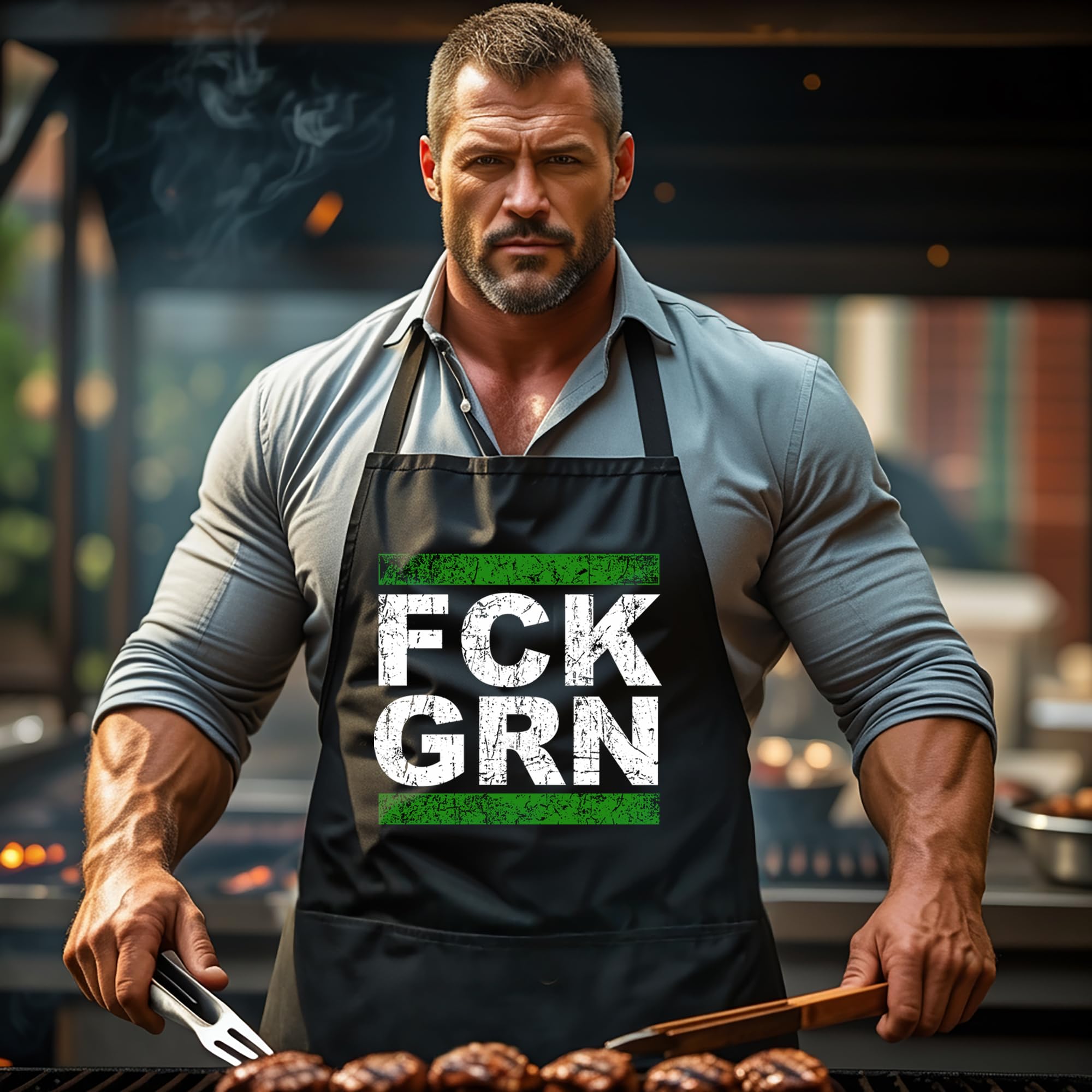 UGLYSHIRT Grillschürze Herren FCK GRN | Lustige BBQ Schürze für Männer – Grillzubehör – Geschenkidee für Grillfans & Outdoor-Köche, Politik Anti Widerstand Fuck Grüne | M1