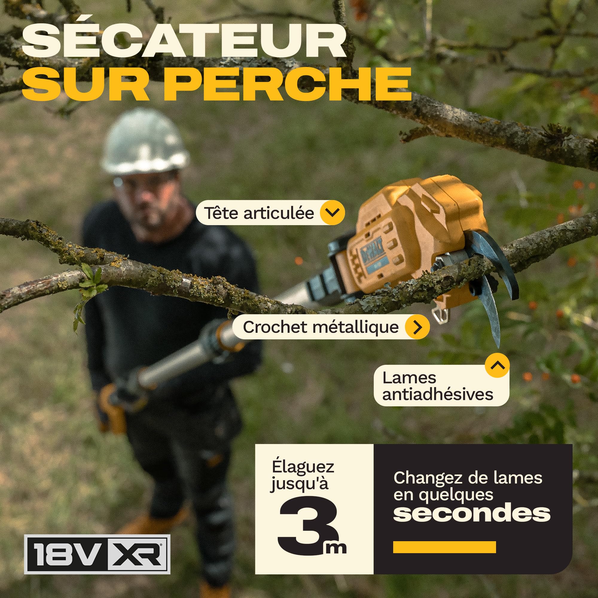 DEWALT 18V XR Élagueuse sur Perche Professionnelle ; Puissance et précision pour la coupe des branches en hauteur, Outil seul, DCMPP569N-XJ