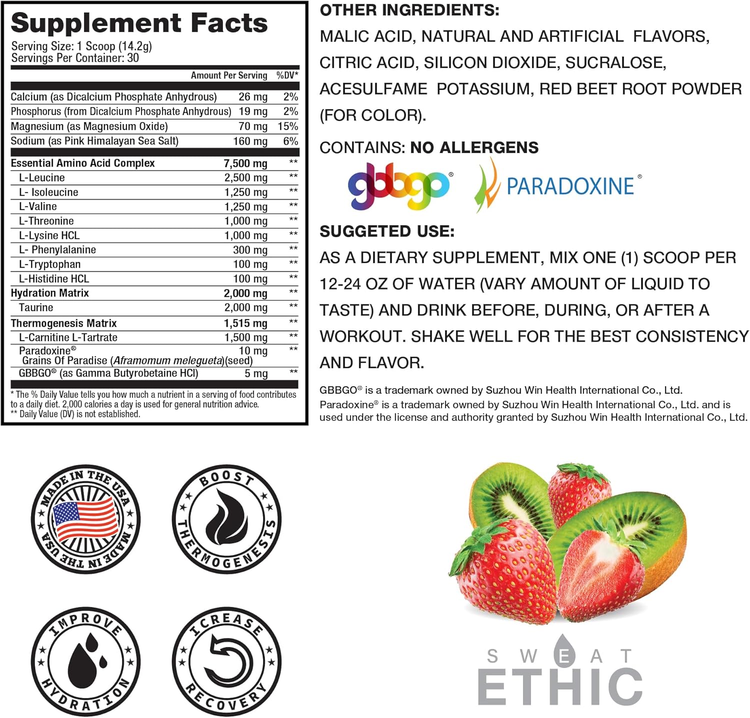 Sweat Ethic Amino Trim, Pre Workout Powder with Amino Acids for Men & Women, 7.5 G EAAS with Electrolytes for Hydration & Energy, Stimulant Free, Sugar Free, Strawberry Kiwi Flavor, 30 Servings