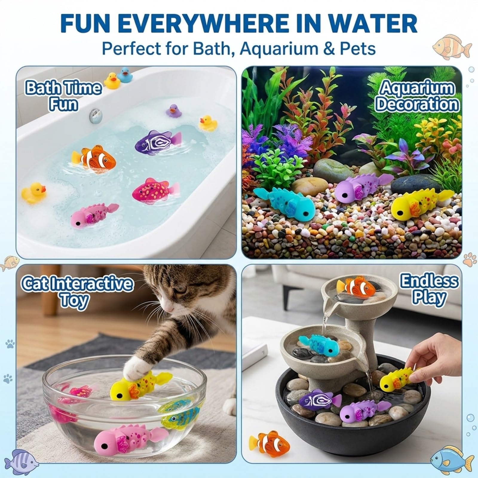 Juguete de Pez Payaso Nadador, Mágico Luminoso Peces Robot Activados Por Agua Juguetes Para Acuarios, Motorizado Pez Robot De Criatura, Juguete Pesca Para Piscinas Bañeras Gatos(4pcs - small fish)