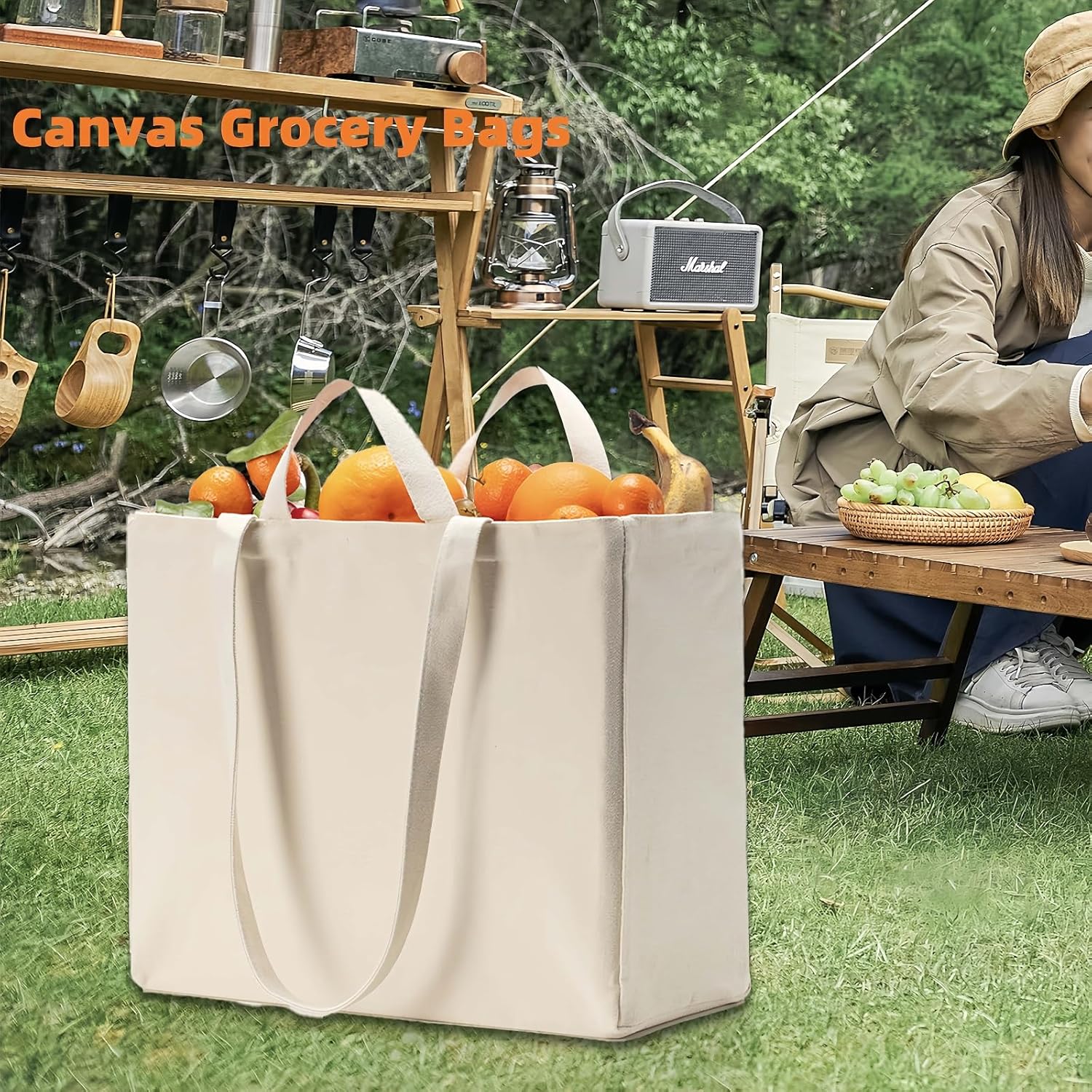 LINICE Canvas Tote Bag Reusable Grocery Bags with Long Shoulder Strap and Short Handle Foldable Heavy Duty Washable (3 Pack) | Long / Short Handles - Image 3