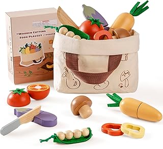 ROBOTIME Wooden Vegetable Cutting Set for Kids - Montessori Garden and Cooking Toy with Wooden Carrot, Mushroom, Peas & Accessories, Educational Toy for Toddlers