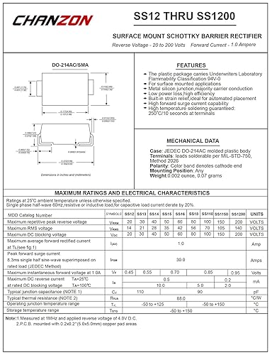 Miniatura 2 de Paquete de 100 unidades Chanzon SS14 SMD Schottky Barrera Rectificadora Diodos 1A 40V SMA (DO-214AC) 1 Amp 40 Voltios