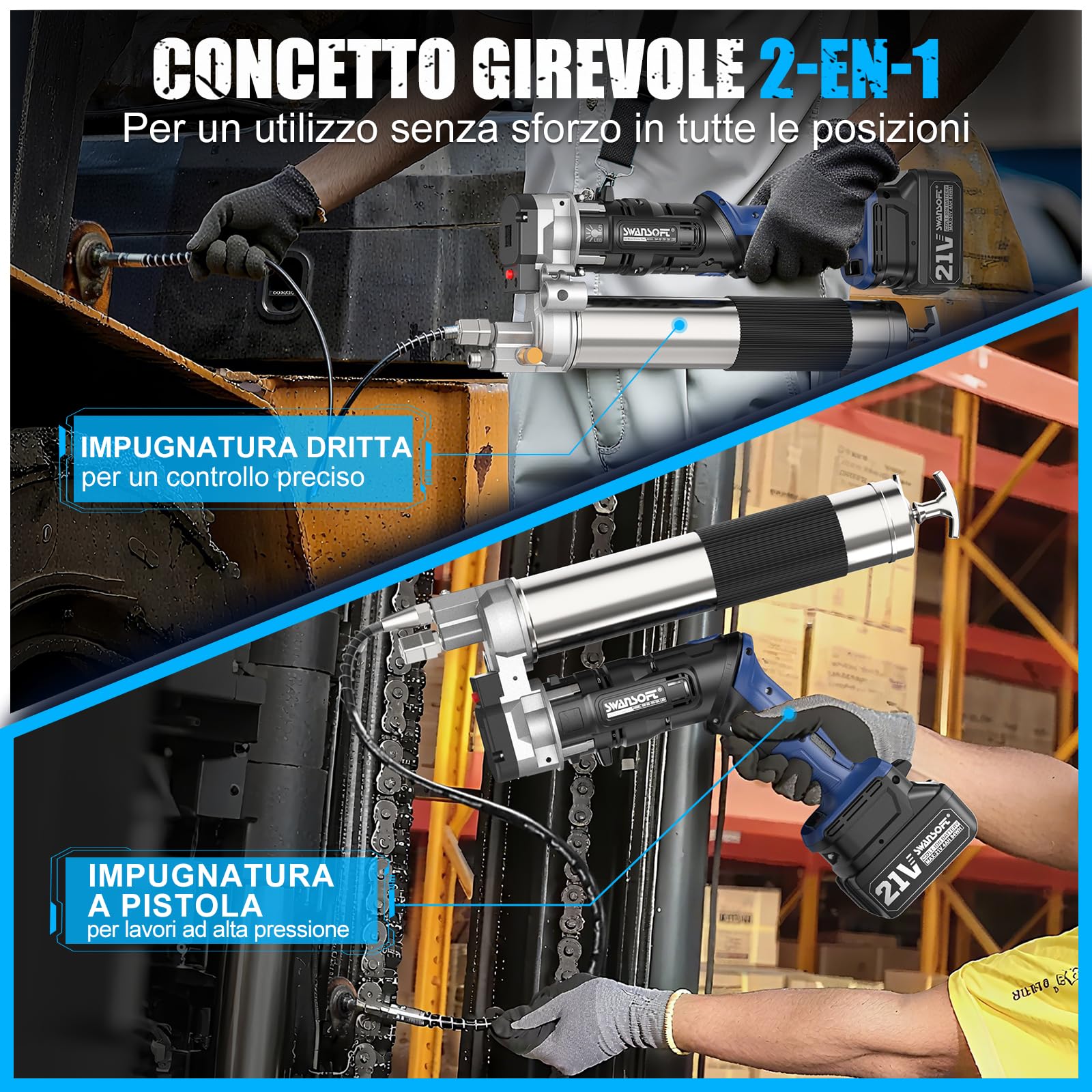 SWANSOFT Ingrassatore elettrico aggiornamento 700 g/min 21V 4Ahx2 batteria ingrassatore | 12.000 PSI Pistola per grasso senza fili 2 in 1 per la costruzione di camion e fattoria con 4 accoppiatori