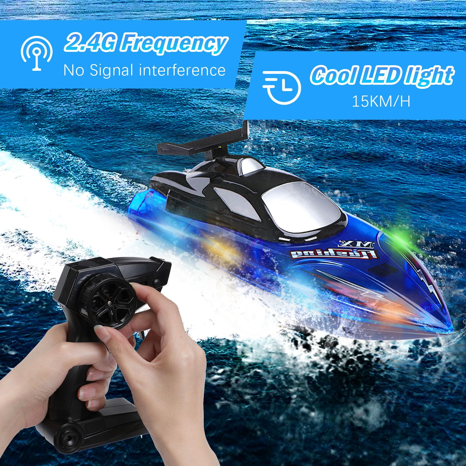 Barco RC para Niños con Luces LED, Control 2.4 GHz, 2 Baterías Recargables, Alarma de Batería Baja, Juguete Acuático para Piscinas y Lagos, Niños de 8 a 12 Años