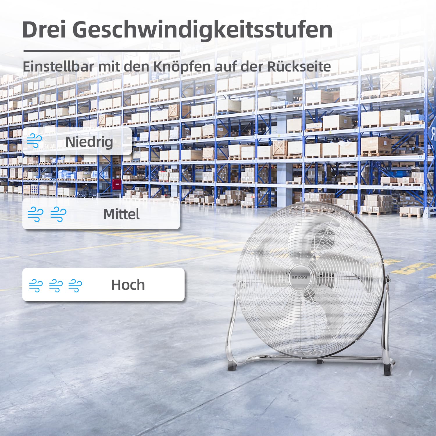 BE COOL Windmaschine 45cm BC45WM2205 – Ø 45 cm, 120 Watt, Aluminium-Design, Neigung stufenlos verstellbar, chrom