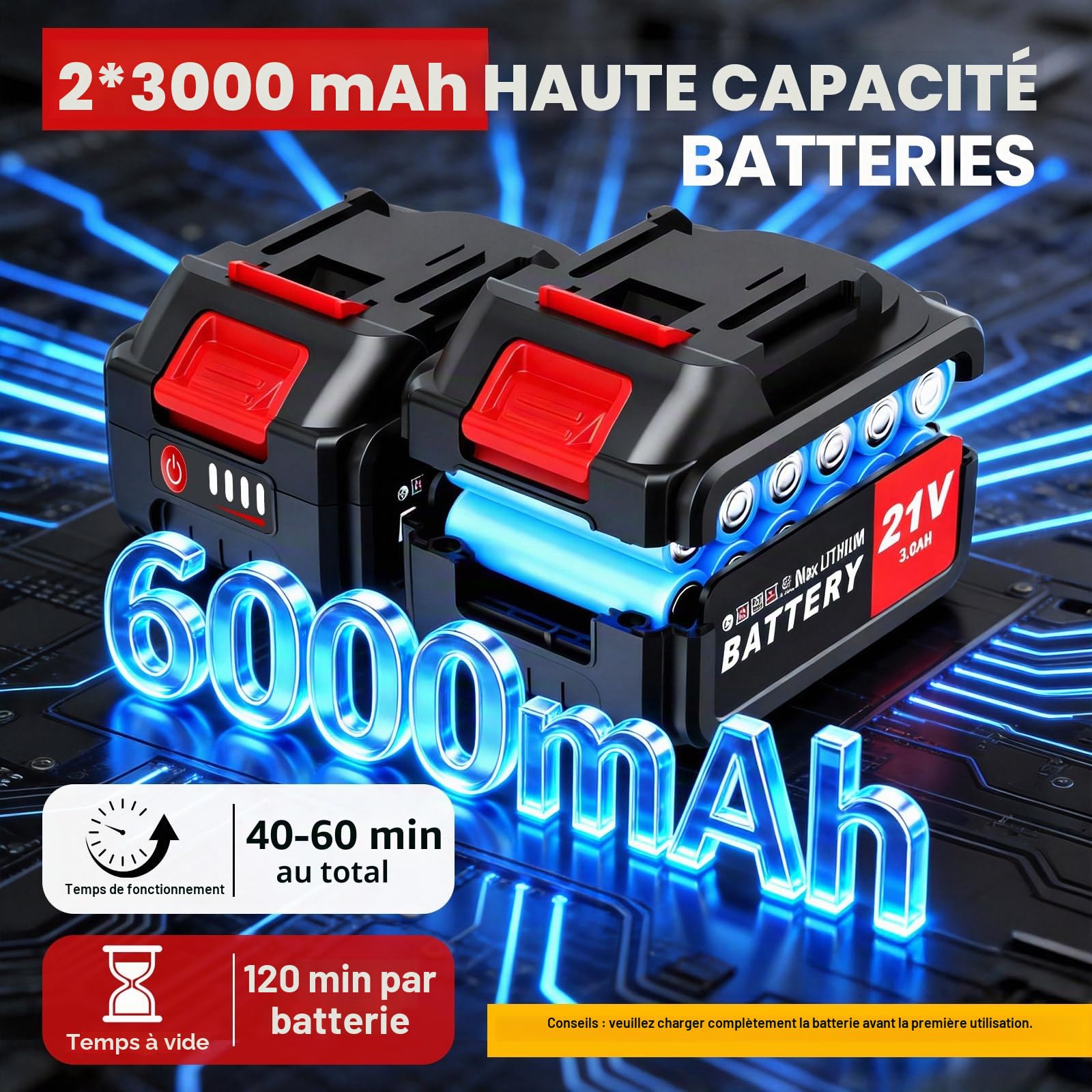 Débroussailleuse à Batterie 12 Pouces avec Roue, 20000 TR/Min, Coupe Bordure sans Fil avec 2 Batterie 3.0Ah, 4 Types De Lames, Moteur sans Balais, Poignée Réglable pour Jardin, Pelouse