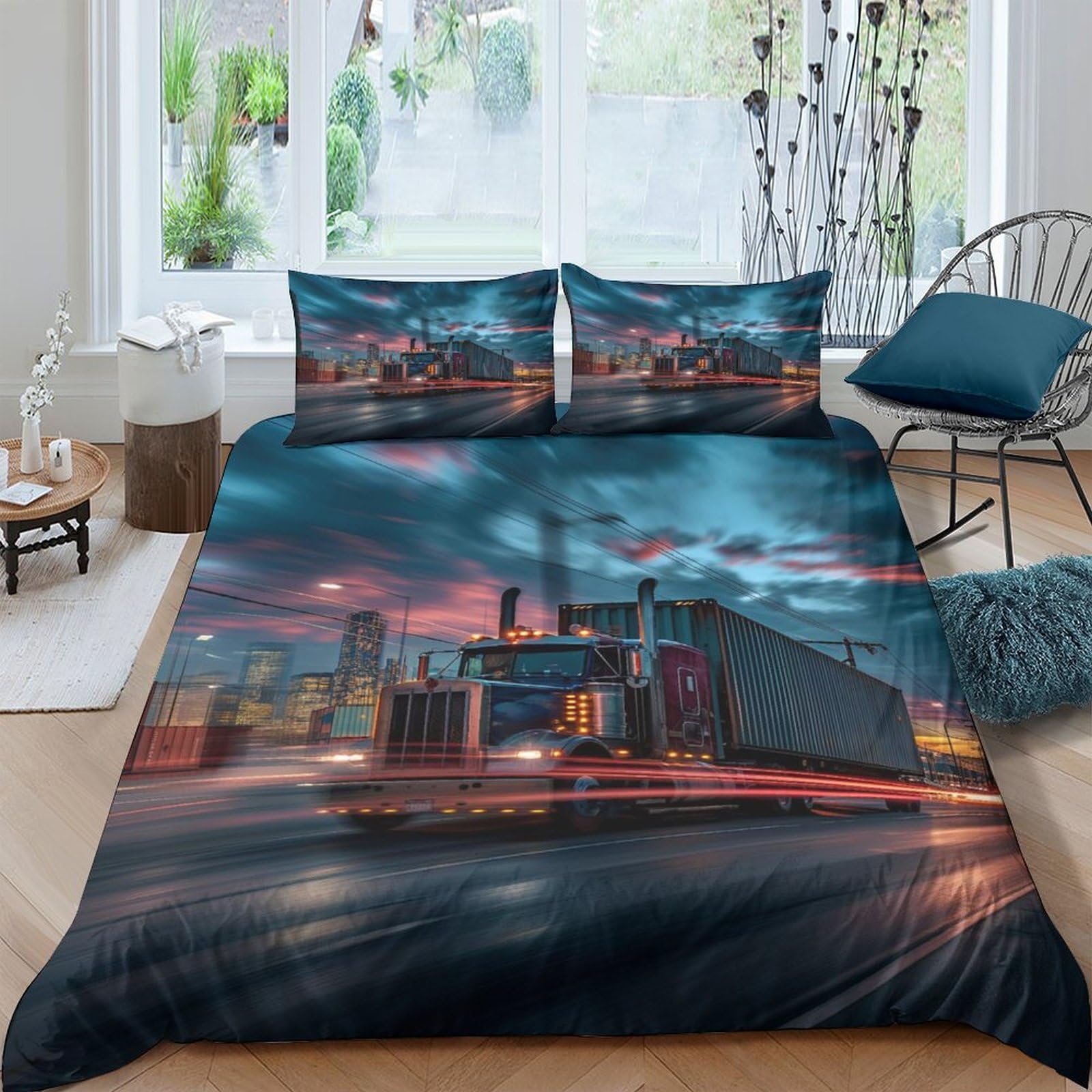 LKBASOEGD Truck Duvet Cover Set 3 PCS Hotel Quality Quilt Cover Bedding Sets Bed Covers with Pillowcases with Zipper Closure Hypoallergenic Soft Breathable Microfiber Double（200x200cm）
