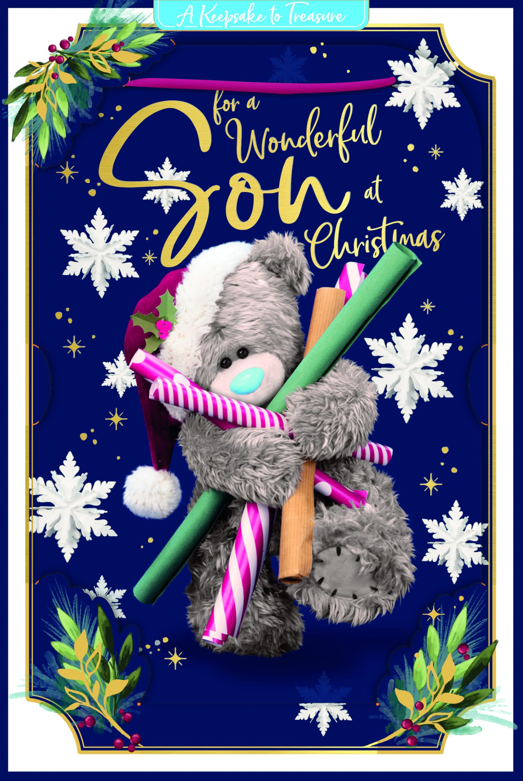 Me To You Tatty Teddy 3D Christmas Keepsake Card For A Wonderful Son Tatty Teddy Bear With Wrapping Paper 6 X 9 Inches - Official Collection