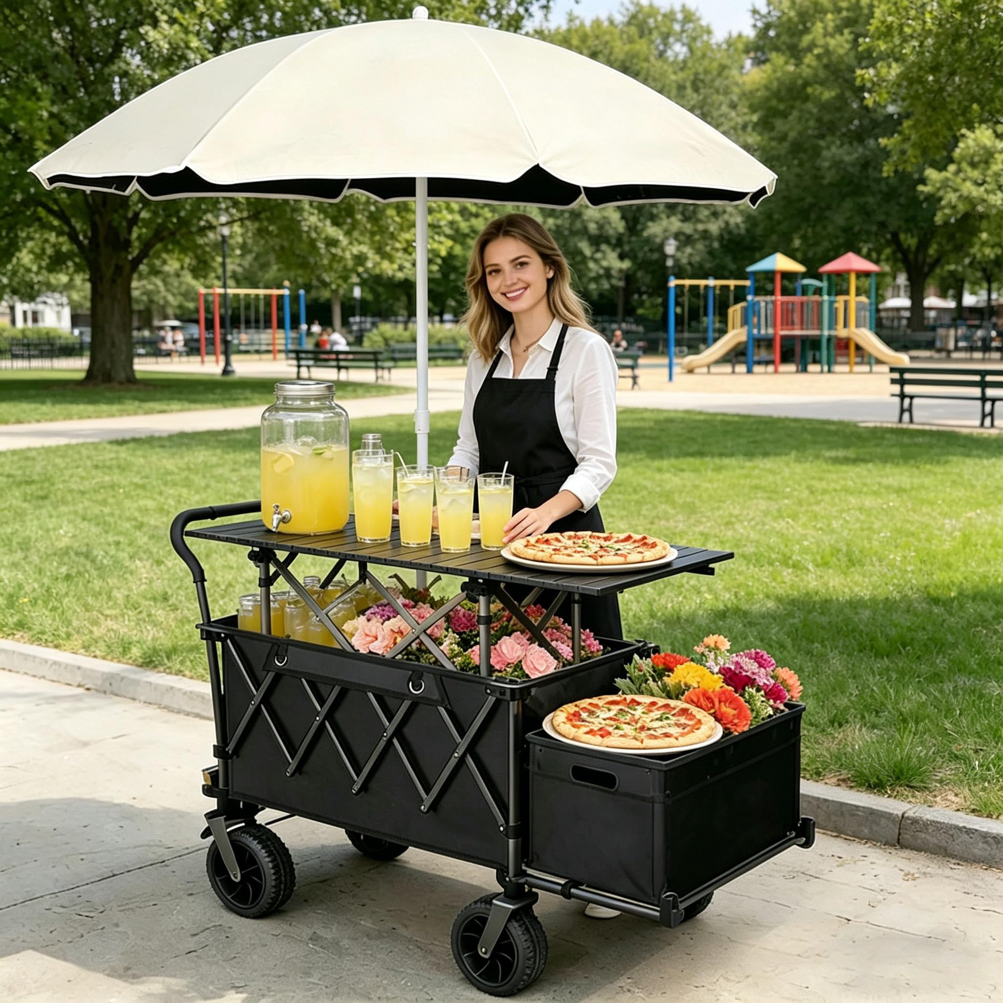 Carrello del Venditore Ambulante Pieghevole con Bancarelle Tettoia, Struttura per Bancarelle Espositori da Tavolo, Struttura per Bancarelle Esterno, Bancarella Mercato, Stand di Cibo e Carretto black