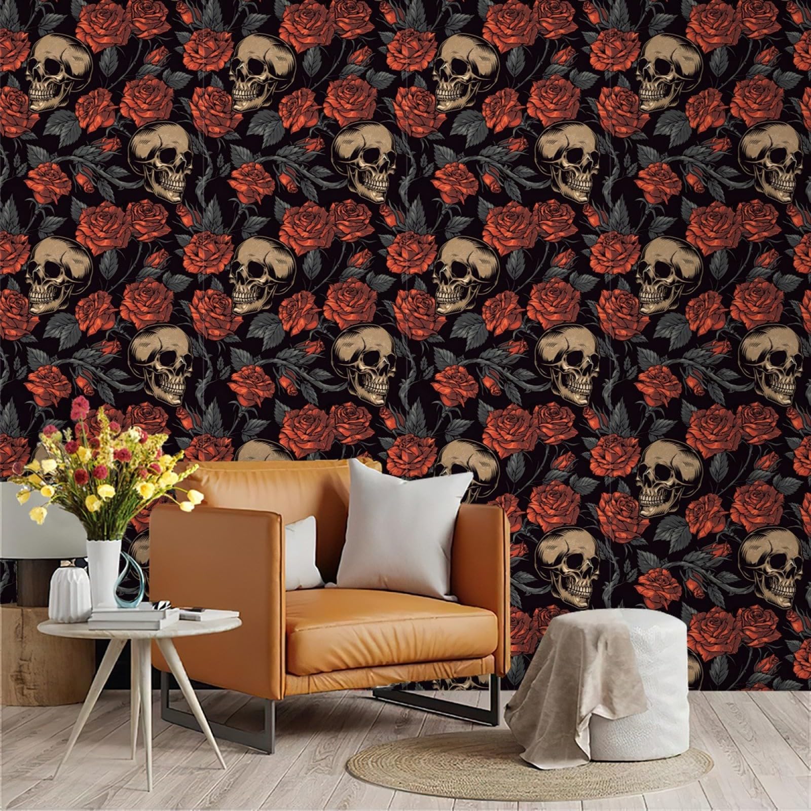 Zahhyg Grey Wallpaper Skull Peel And Stick Self Adhesive Wallpaper For Living Room Waterproof Vinyl, Art Deco Thicken Sticky Back Plastic Removable
