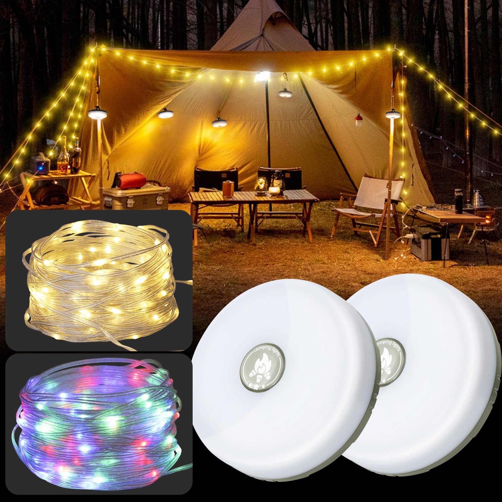 Uodir Green 2 Pack Camping String Lights, 10M Outdoor Lights With 8 Modes, Waterproof, Quick Storage, Type-C Fast Charging, Portable 2-In-1 Lantern & Lights For Camping, Power Outages & Patios