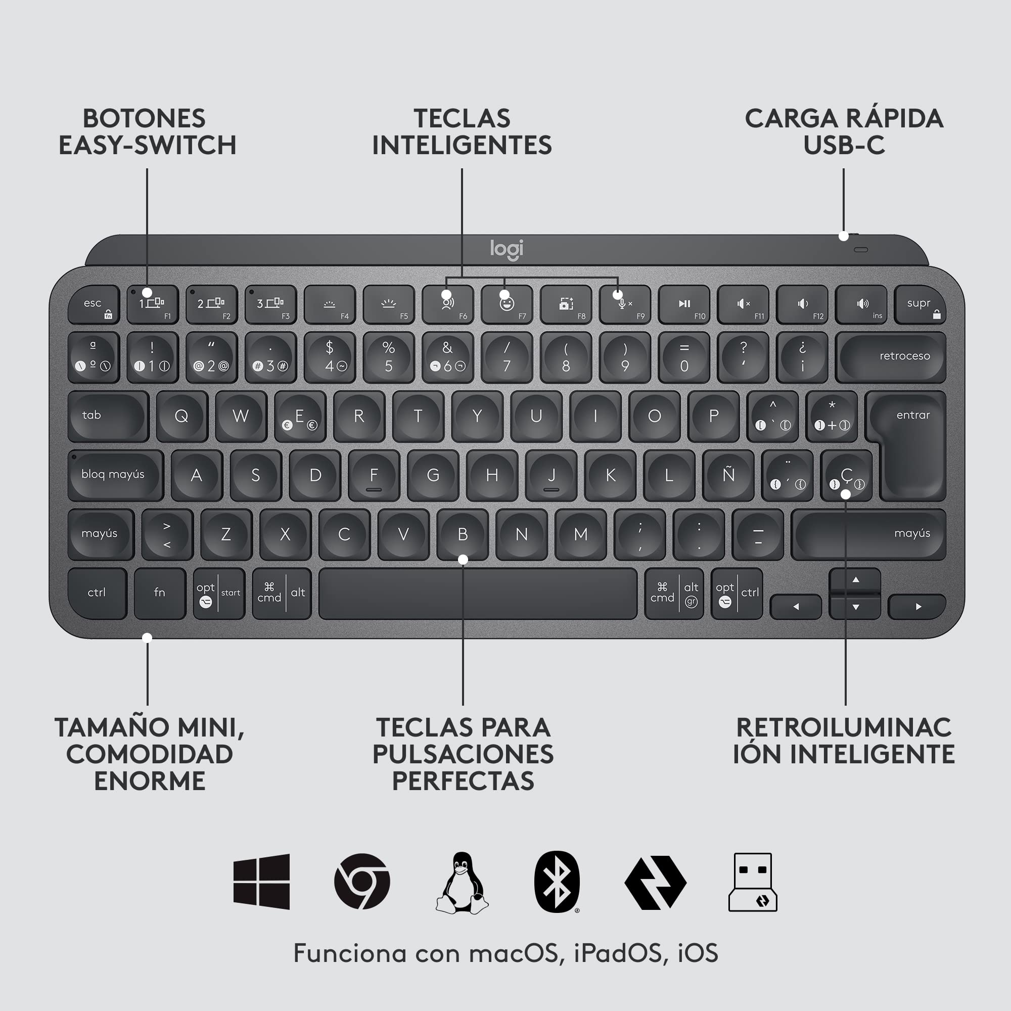 Logitech MX Keys Mini Combo para Empresas, Compacto, Teclado y ratón inalámbricos, tecnología Logi Bolt, Bluetooth, Certificado para Windows/Mac/Chrome/Linux - Gris