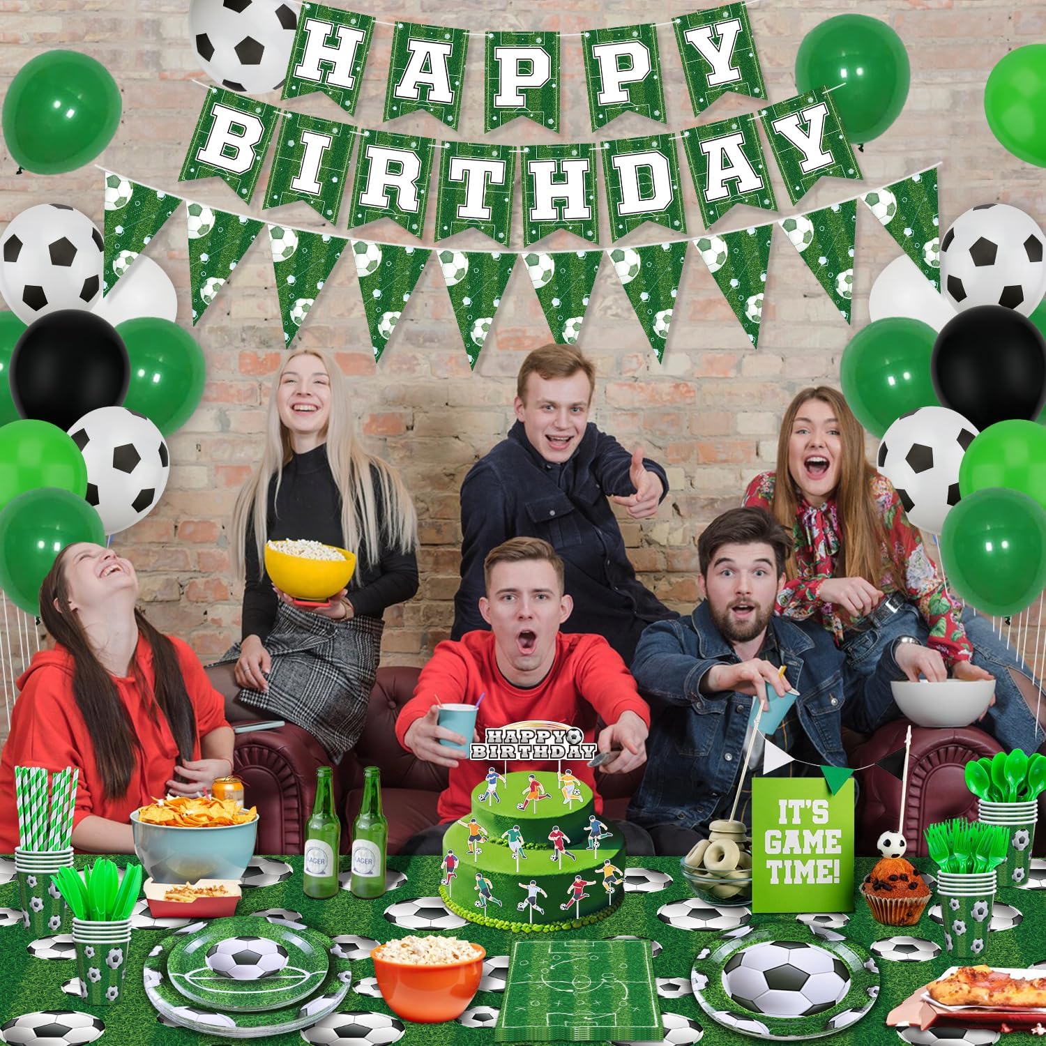 229 Pack Soccer Party Supplies Soccer Party Decorations Boys Sports Theme Birthday Decor Soccer Theme Tableware Set - Soccer Plates, Balloons, Banners, Ball Theme Tablecloth, Cups, Napkins Serves 20 - Image 2
