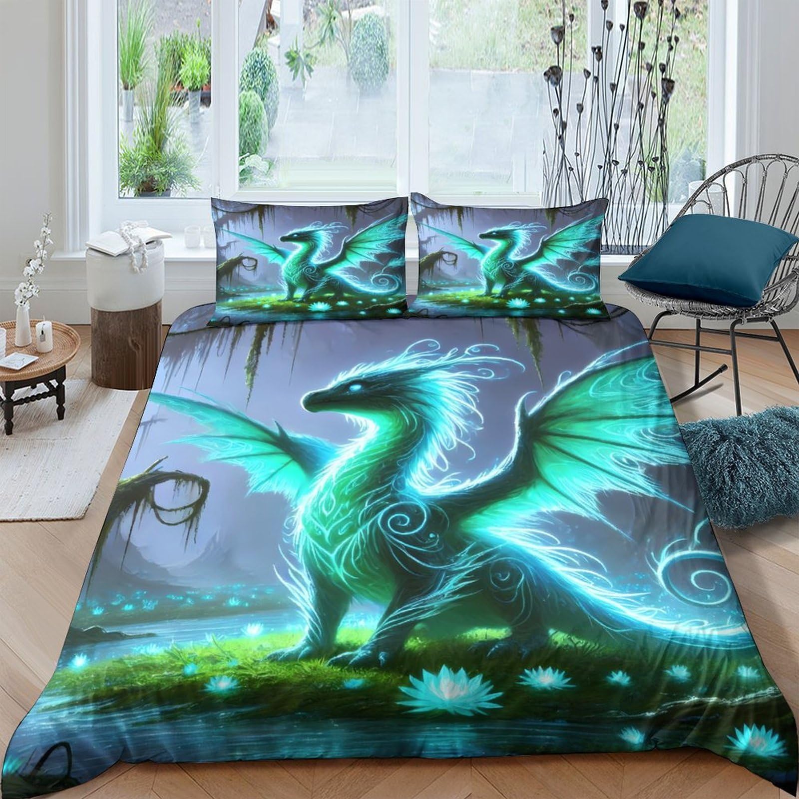 Ctjqhvkz Style-3 3D Printed Glowing Dragon Fitted Sheet Microfiber Soft Breathable Fantasy Forest Mattress Cover For Bedroom Dorm Mattress Protection Decor Single（135X200cm）