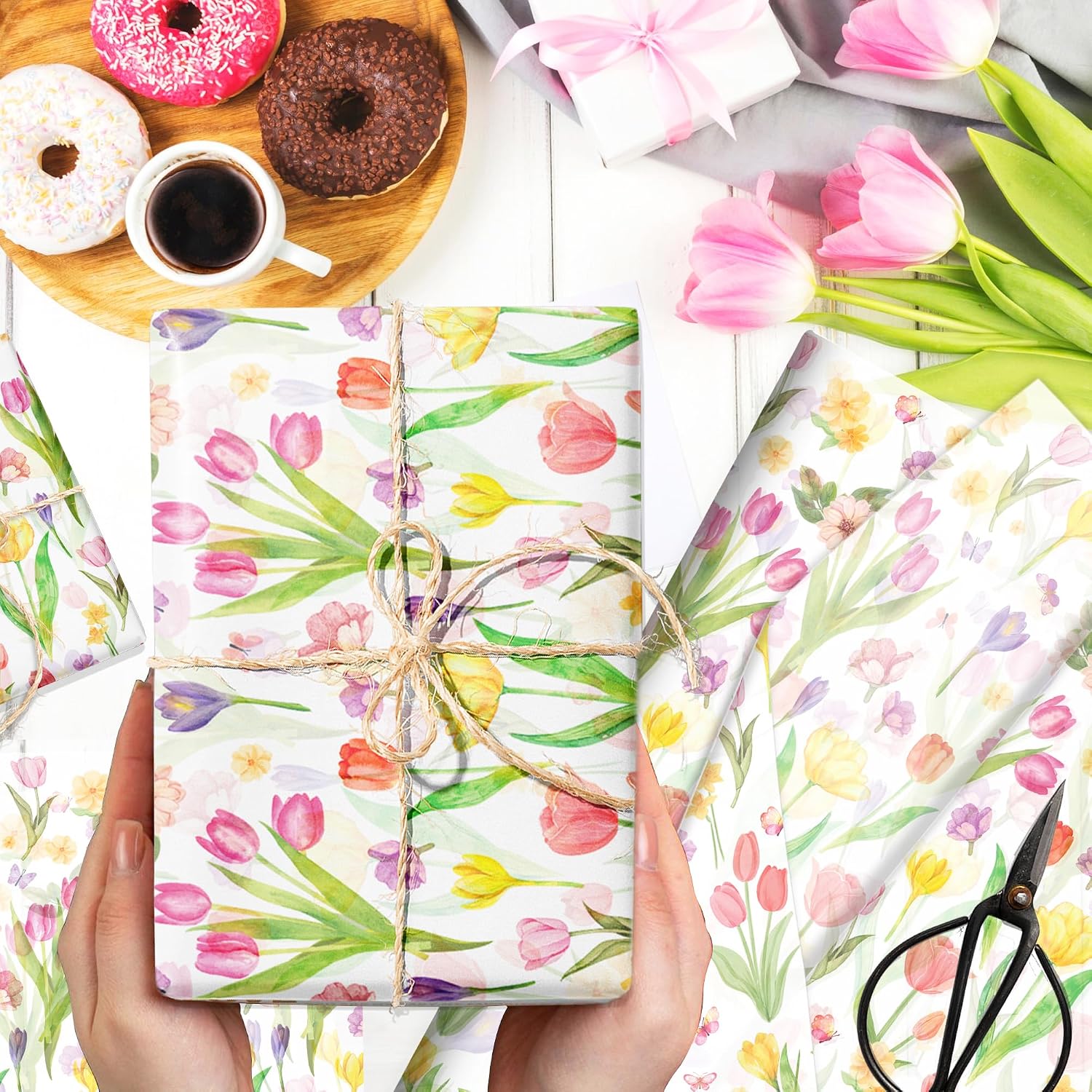100 Sheets Watercolor Tulip Pattern Wrapping Tissue, Floral Theme Gift Wrap Tissue Paper DIY Packing Crafts for Birthday Wedding Baby Shower Summer Party Decorations, 13.8 x 19.7 inches