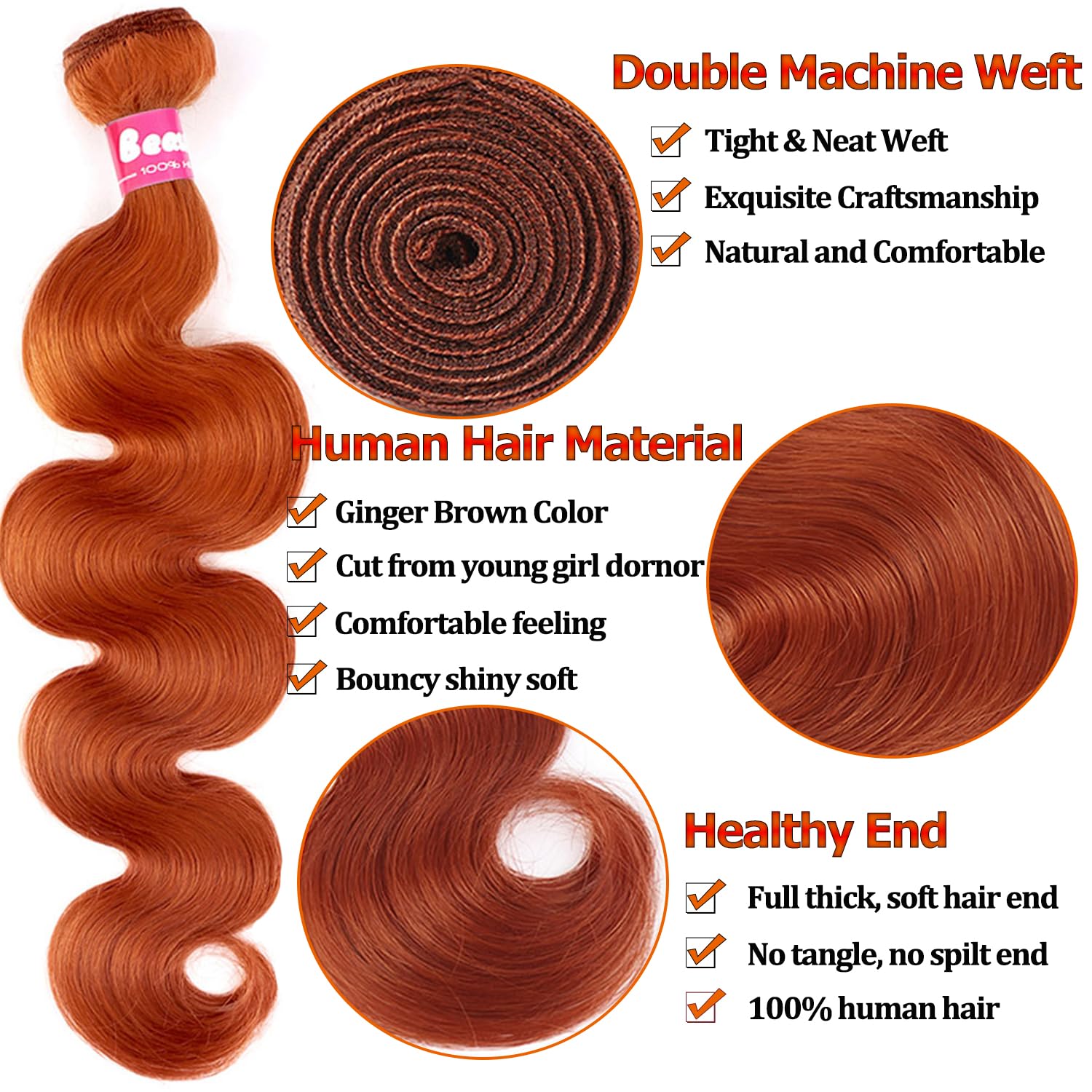10A Ginger Bundles with Closure Human Hair Body Wave Bundles-12 14 16+12Inch, Unprocessed Raw Brazilian Human Hair Quick Weave Bundles with Free Part Lace Closure 350 Ginger Brown Color
