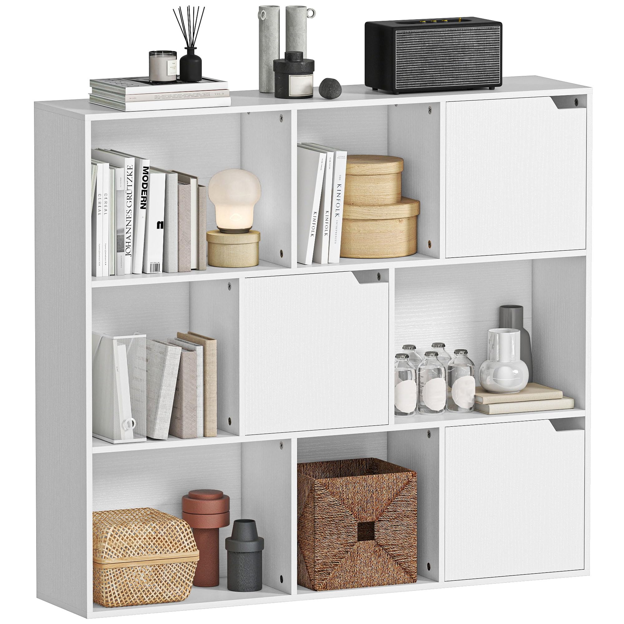 HOMCOM Bibliothèque Étagère de Rangement Étagère de Bureau avec 9 Compartiments cubiques, 3 Portes, 6 étagères Ouvertes Étagère d'affichage pour Home-Office Salon Blanc 106 x 24 x 95 cm
