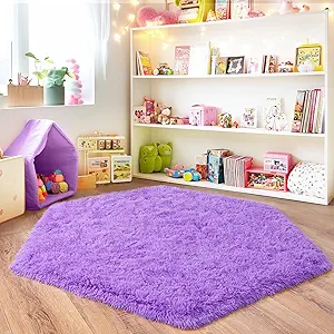 4x4.6 Feet Purple Hexagon Rugs for Bedroom, Ultra Soft Fluffy Hexagon Area Rug for Kids Room, Cute Shag Rugs for Boys Girls Room, Fuzzy Plush Carpet for Tent Castle Home Decor