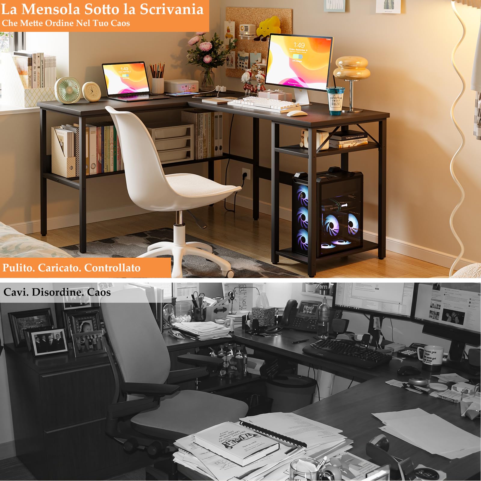 Homieasy Scrivania Angolare 128cm con Prese e USB, Nero | Design Reversibile, Supporto CPU e Ripiano, Salvaspazio per Casa e Ufficio, Metallo e MDF