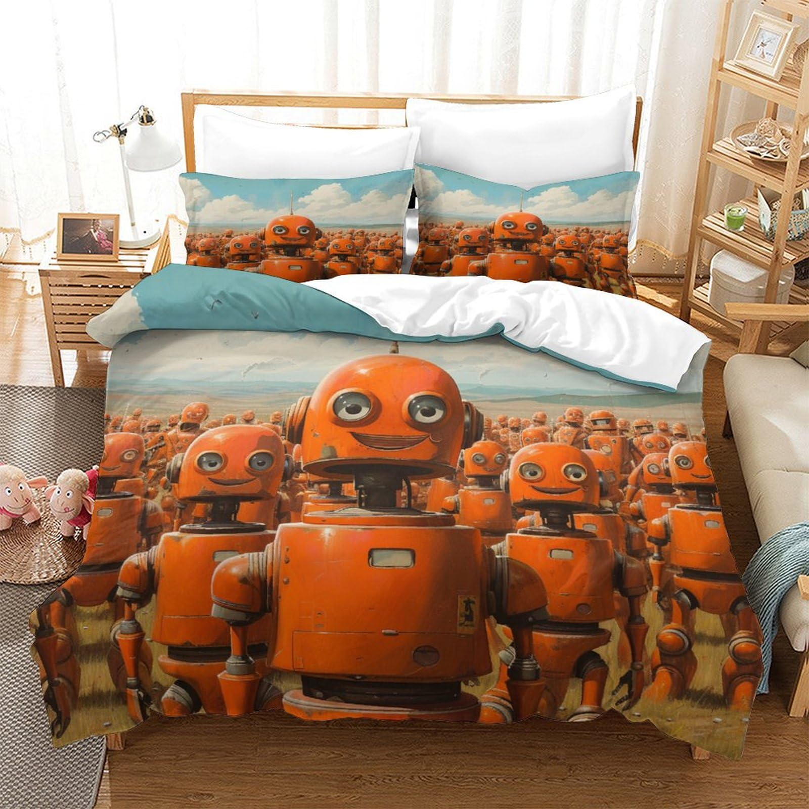 P1S9U7W5Y 3D Printed Orange Robot Duvet Cover Set 3pcs Microfiber Cartoon Robots Bedding Set Soft Breathable All Ages Double（200x200cm）