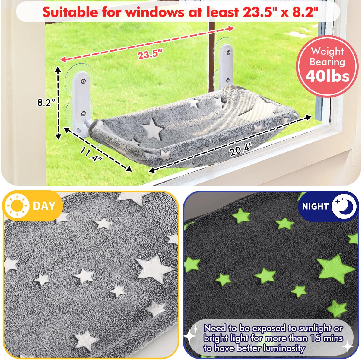 Zoratoo Percha para Ventana de Gato, Que Brilla en la Oscuridad, Hamaca Plegable inalámbrica para Ventana con Marco de Metal Resistente, patrón de Estrellas Brillantes, Asiento de Descanso para Gatos