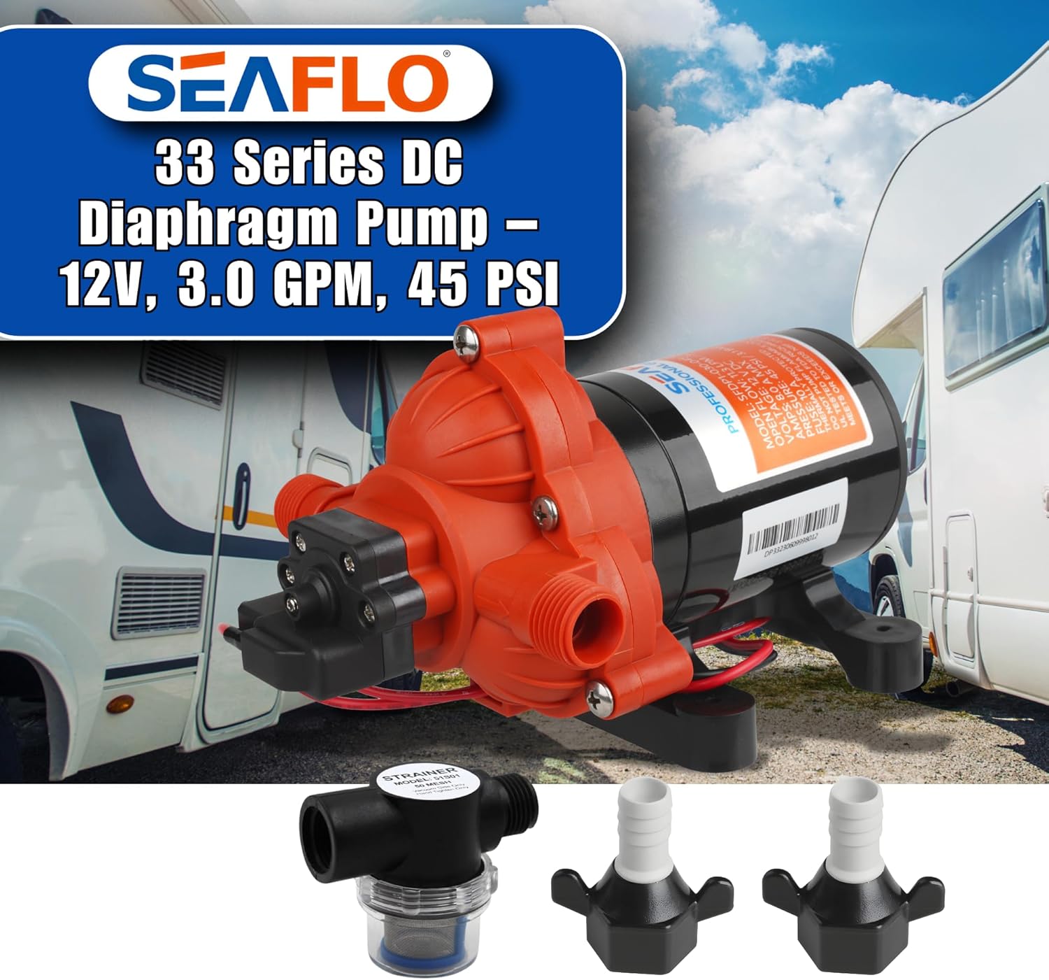 SEAFLO 33 Series DC Diaphragm Pump – 4-Year Warranty! 12V, 3.0 GPM, 45 PSI, Self-Priming, Run Dry Safe, Built-In Pressure Switch | Ideal for Marine, RV, and Water Systems