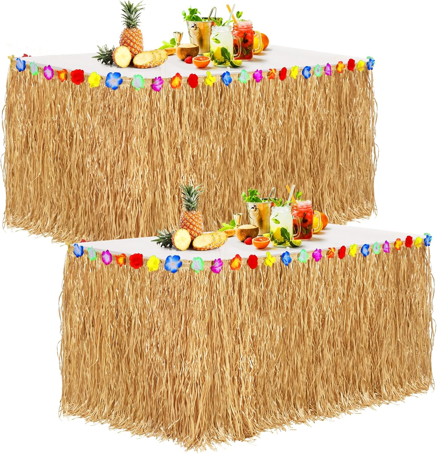 Aodaer 4 Pack Thickened Grass Table Skirt Natural with Hibiscus Flowers 400g Hawaiian Luau Tropical Party Decor Fringe Party Decoration for Costume Tiki Tropical Hawaii Moana Birthday, Straw Yellow