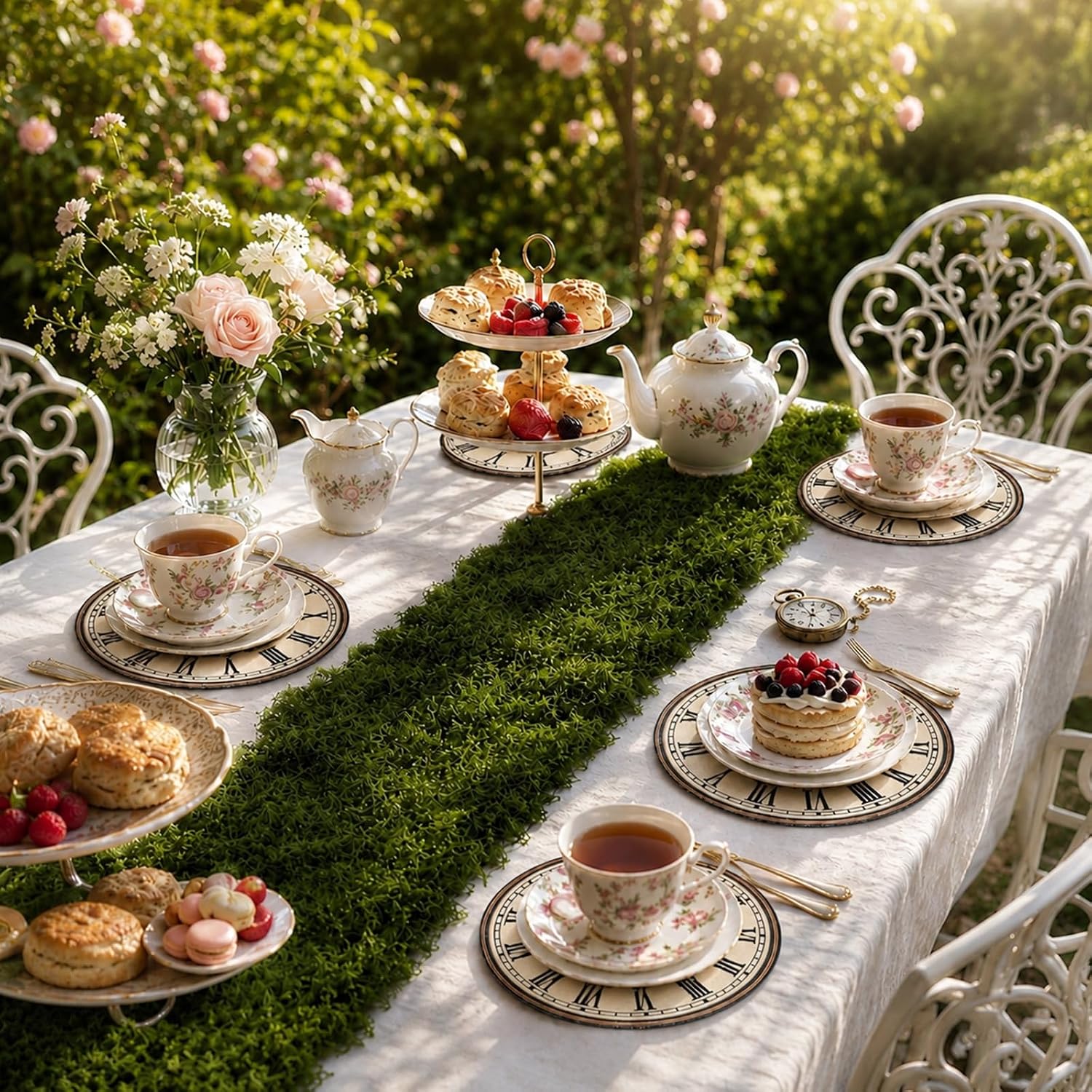 Wonderland Tea Party Decor Fake Moss Table Runner & Fairy Clocks Placemats image 3