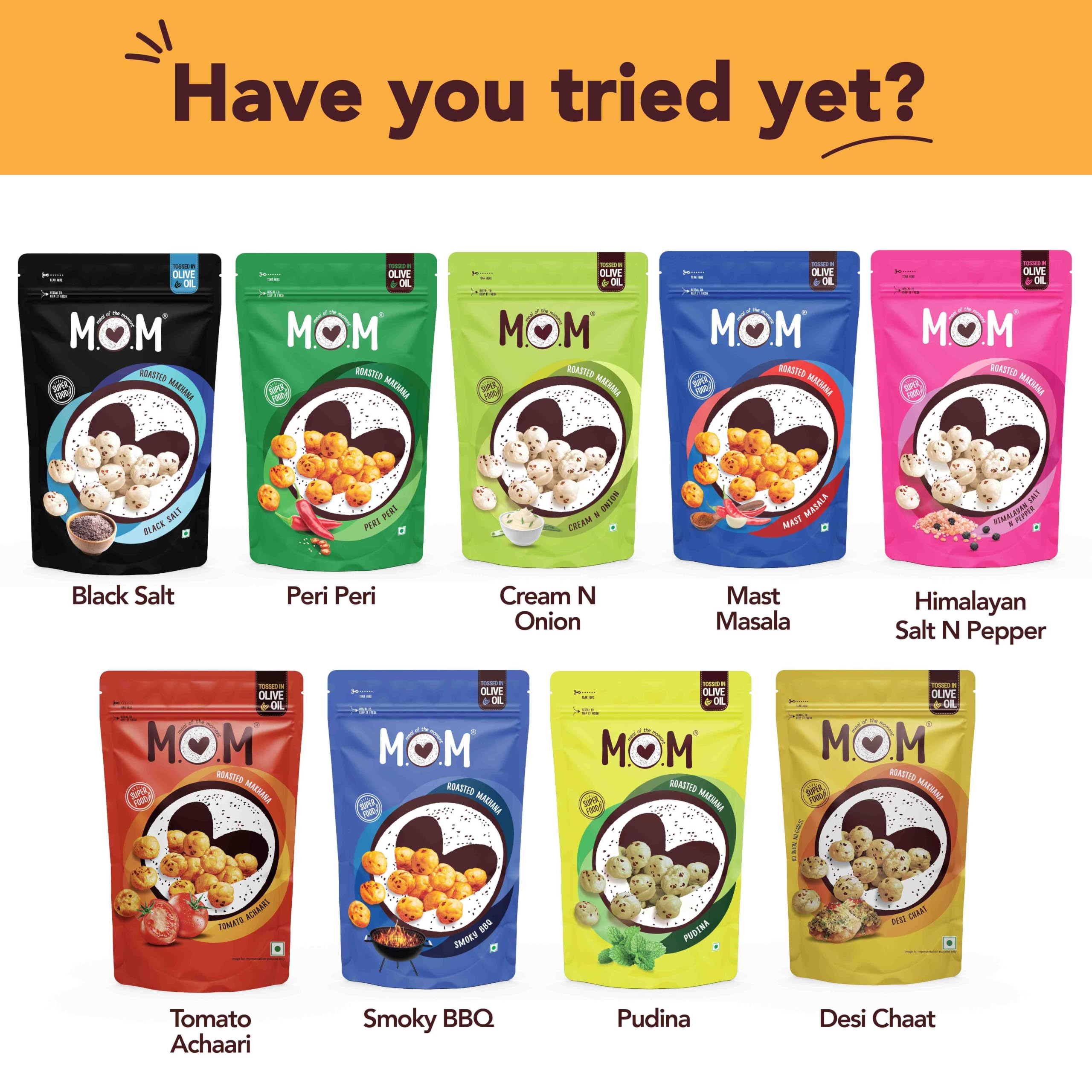 MOM - Meal of the Moment, Roasted Makhana Pack of Desi Chaat, Tomato Achaari and Cheddar Cheese, 52g each | Source of Protein | No Palm Oil | Gluten free 2