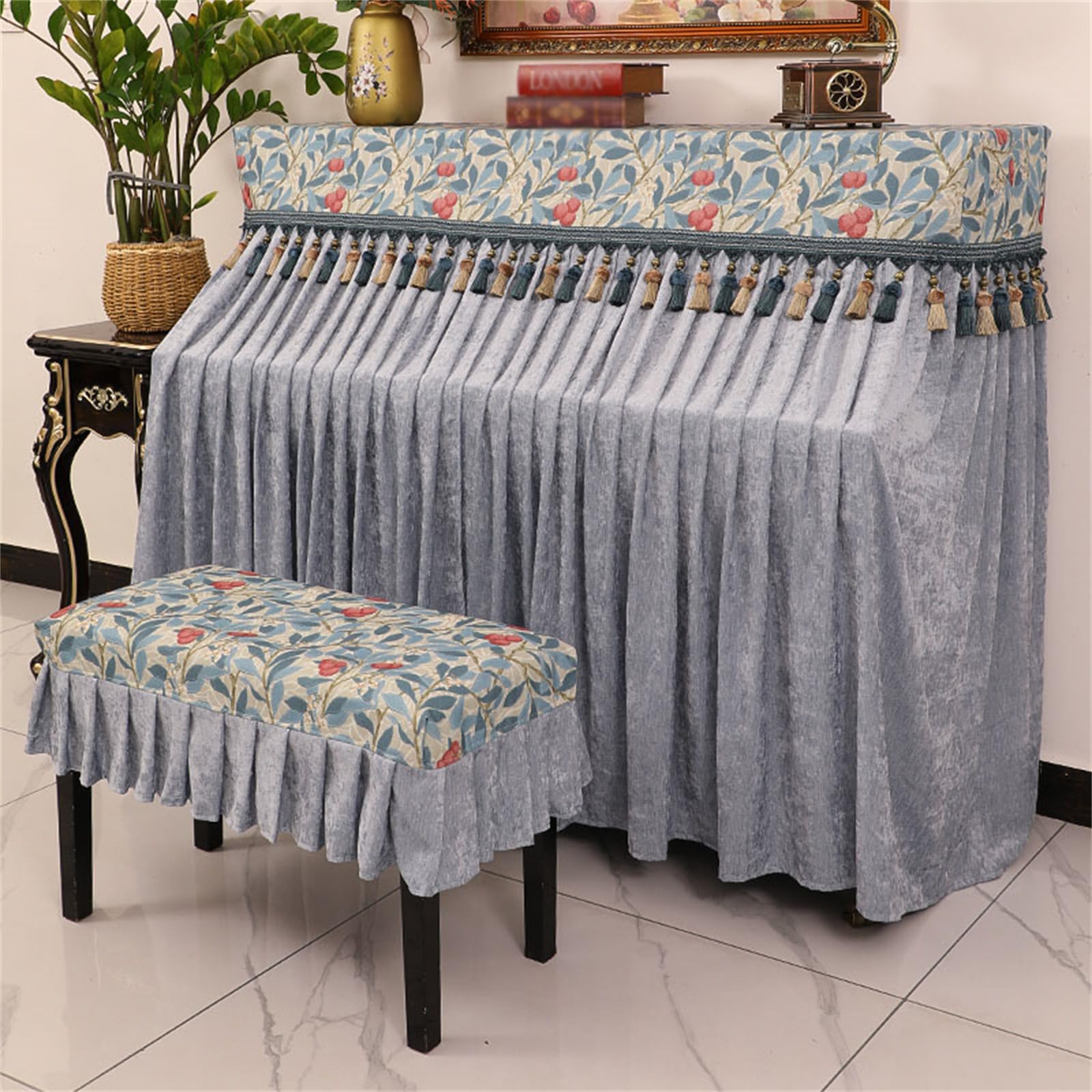 Set di 2 Pezzi Copertura Antipolvere per Pianoforte, Panno per Sgabello, Copertura Protettiva Universale per Pianoforte Verticale, Lussuoso Asciugamano Decorativo in ciniglia Ricamato con na