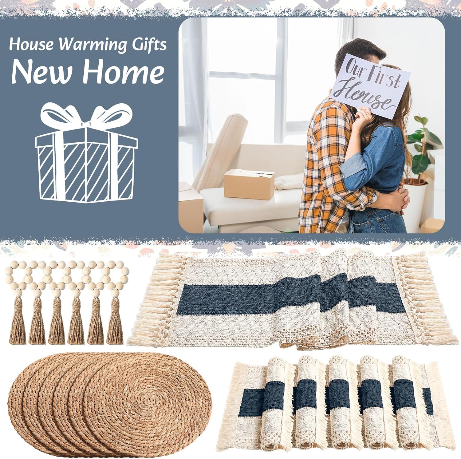 Set of 6 Table Runner and Placemats Boho Napkin Rings, Farmhouse Macrame Table Runner Rustic Round Woven Decorative Place Mats for Bohemian Kitchen Dining Tables Decor (Blue)