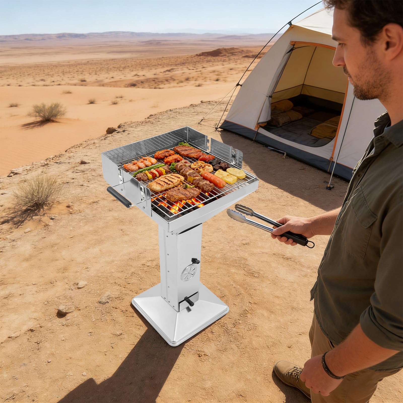 Grill kolumnowy ze stali nierdzewnej z wentylacją w kolumnie i pojemniku na popiół, ruszt do grillowania z regulacją wysokości, na kemping i do ogrodu, przenośny grill stojący