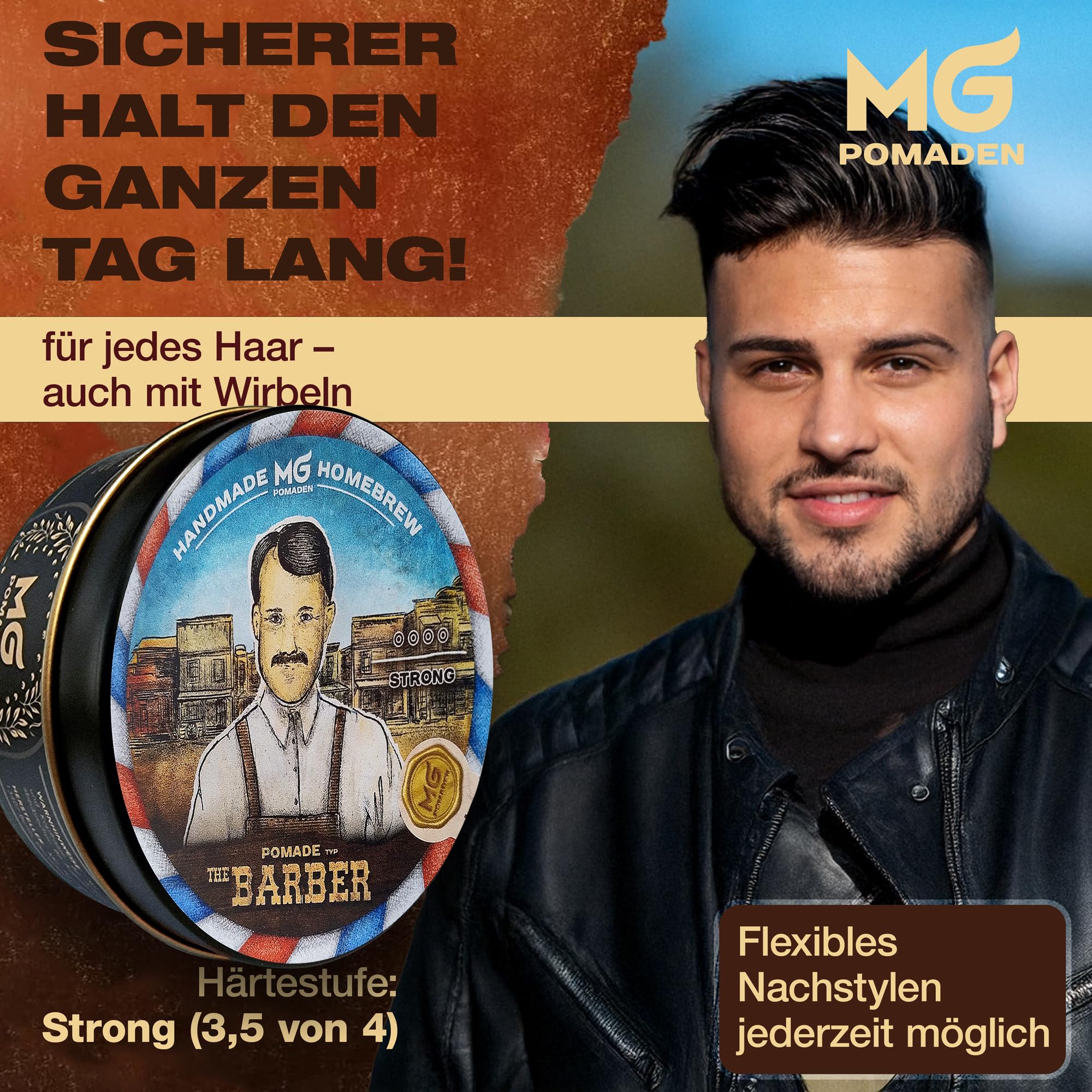 MG Pomade THE BARBER, Herren, wasserfest und pflegend, ölbasierte Haarpomade, Natürliche Wachs-Formulierung für starken Halt, Haar Wax, Haarwachs Männer, Haar- Bart Styling, Hair Clay
