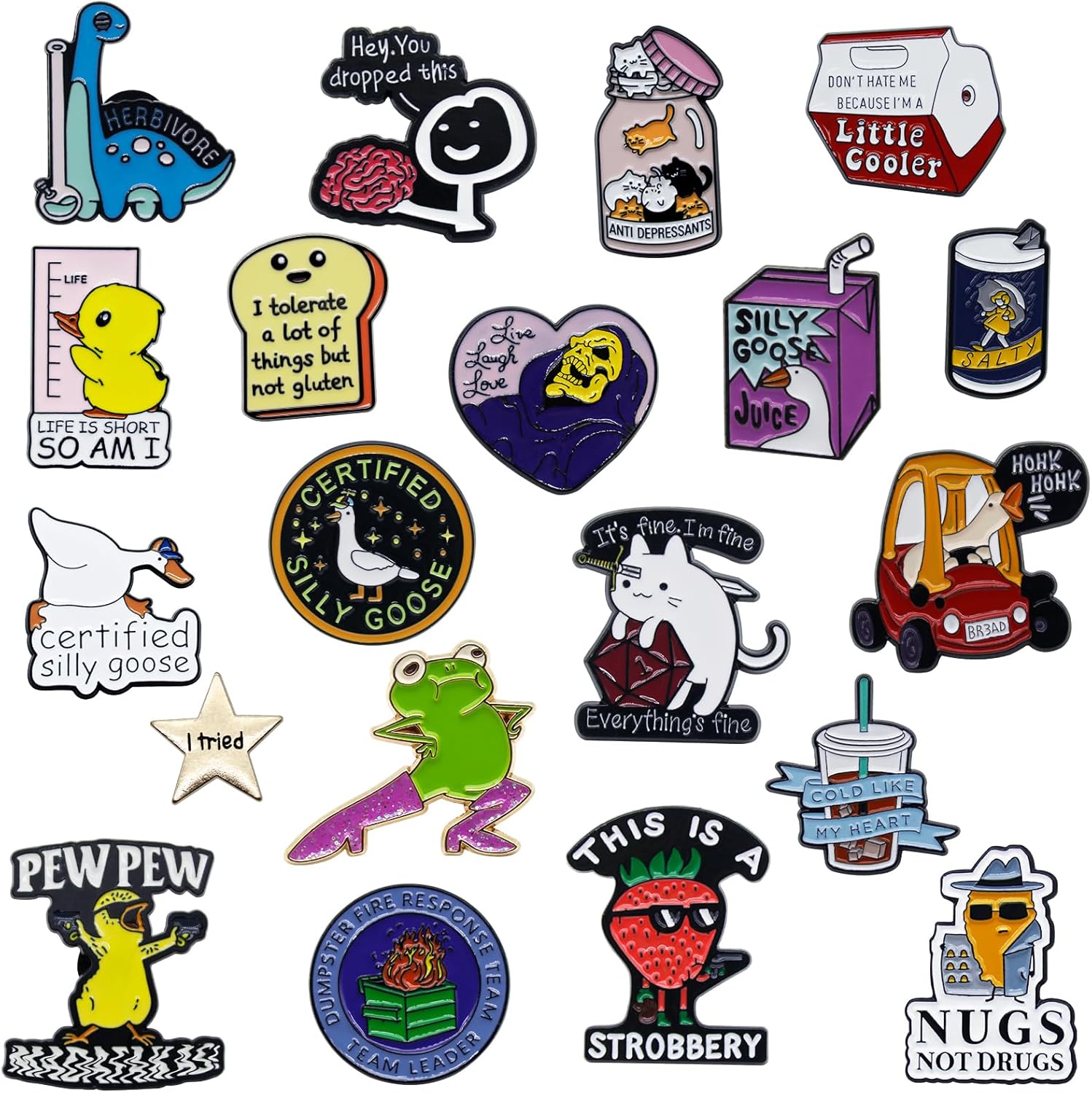 20 Pcs Funny Enamel Pins Bulk Cute Cool Brooch Lapel Pins for backpacks Jacket Bag Hat Lanyard Cartoon Meme Silly Novelty Aesthetic Badge Set for Adults Teens & Pin Collectors
