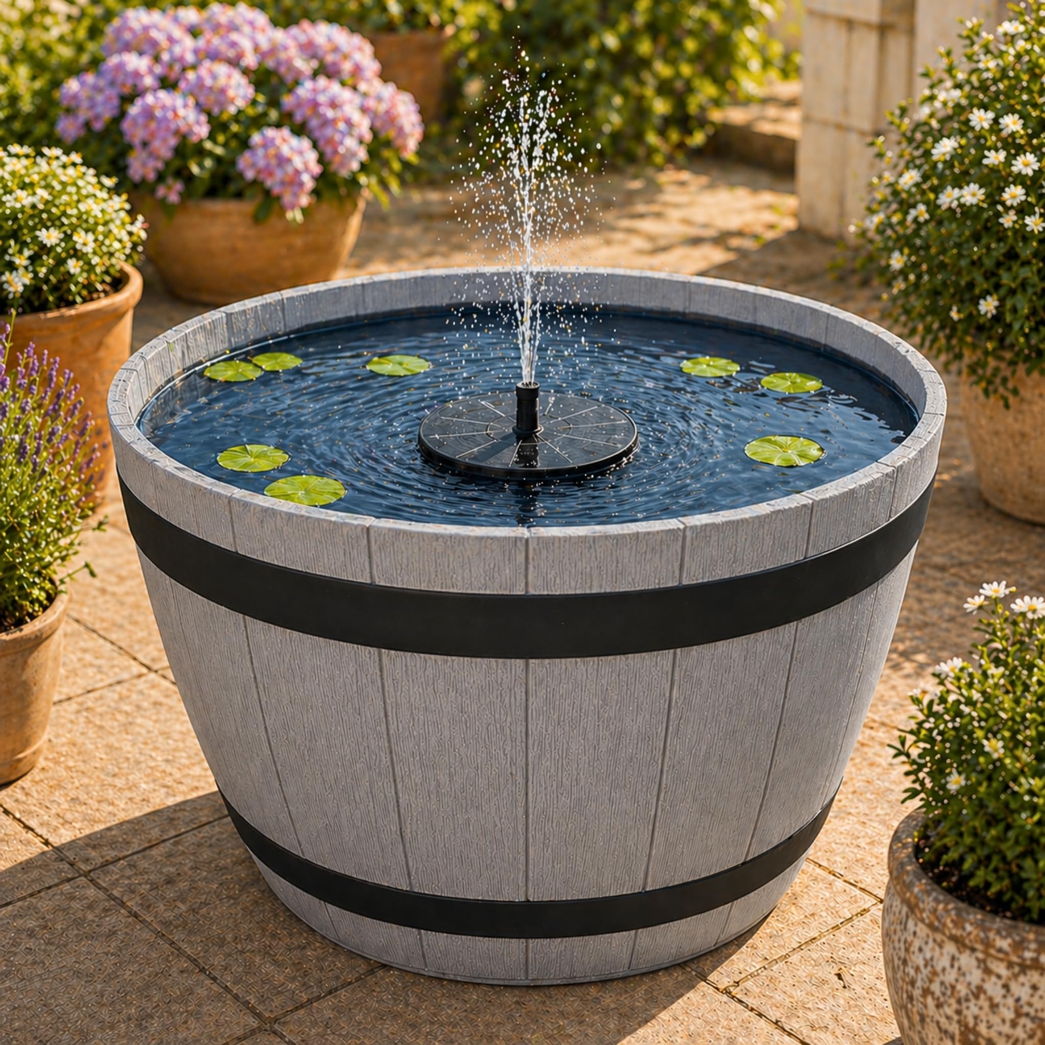 matches21 HOME & HOBBY Outdoor Solar Fountain Set with Battery 51 cm Bowl Wooden Barrel Look Grey with Floating Solar Fountain